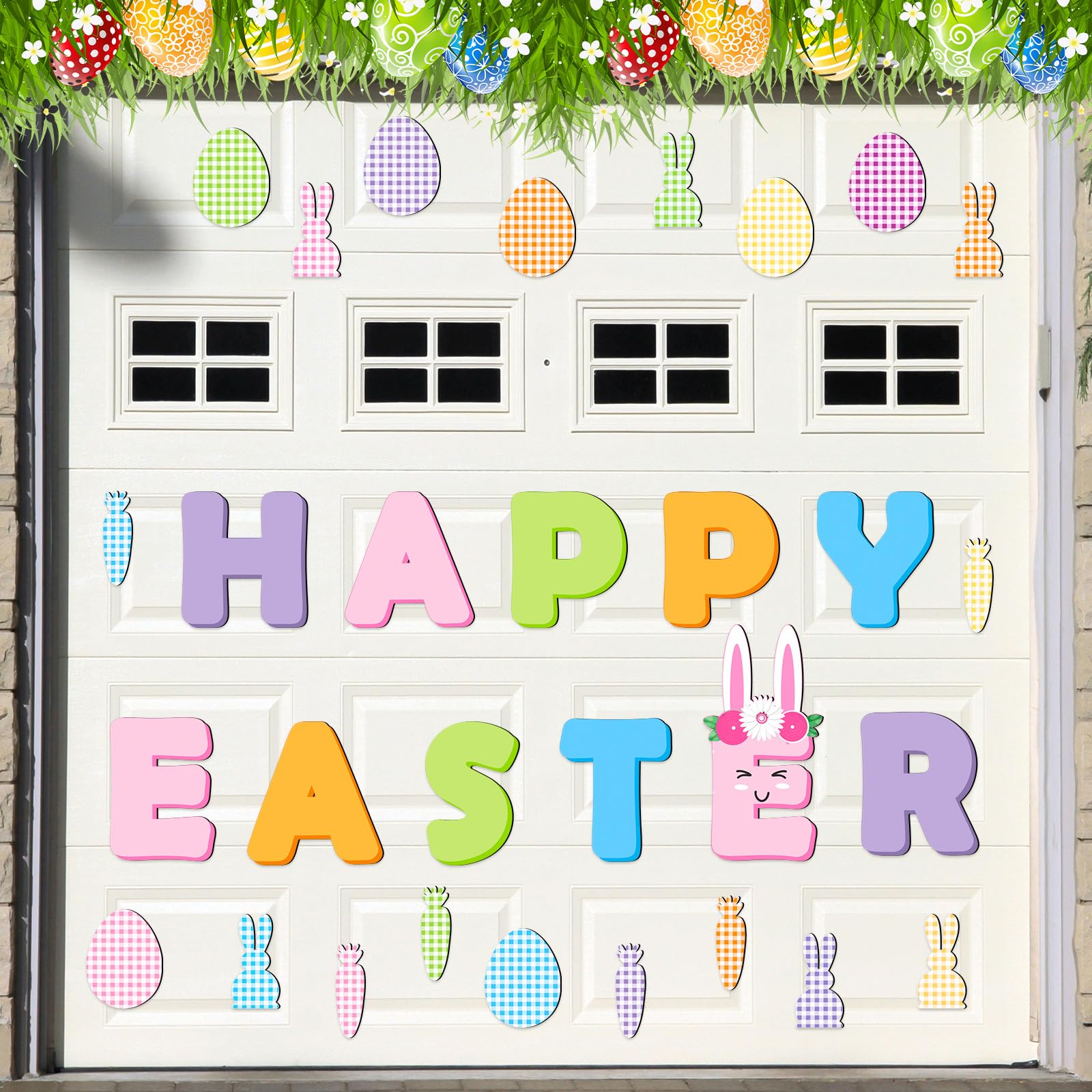 Photo 1 of 30 Pcs Happy Easter Garage Door Magnets Magnetic Easter Car Decoration Easter Bunny Egg Carrot Magnet Colorful Plaid Decals Stickers for Easter Garage Door DIY Decor Party Supplies