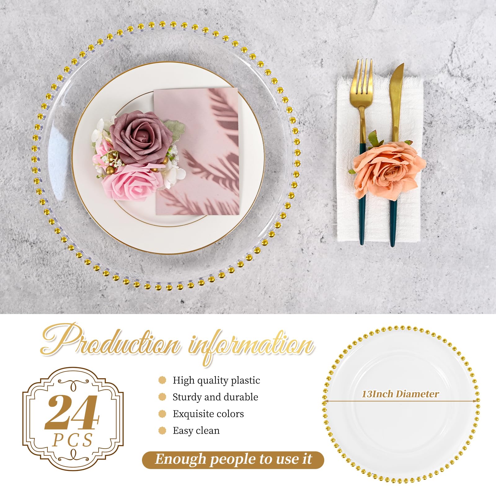 Lot de 24 assiettes rondes transparentes avec bord perlé - Assiettes de service décoratives en plastique acrylique de 33 cm pour fête de mariage, événement, table de cuisine (doré)