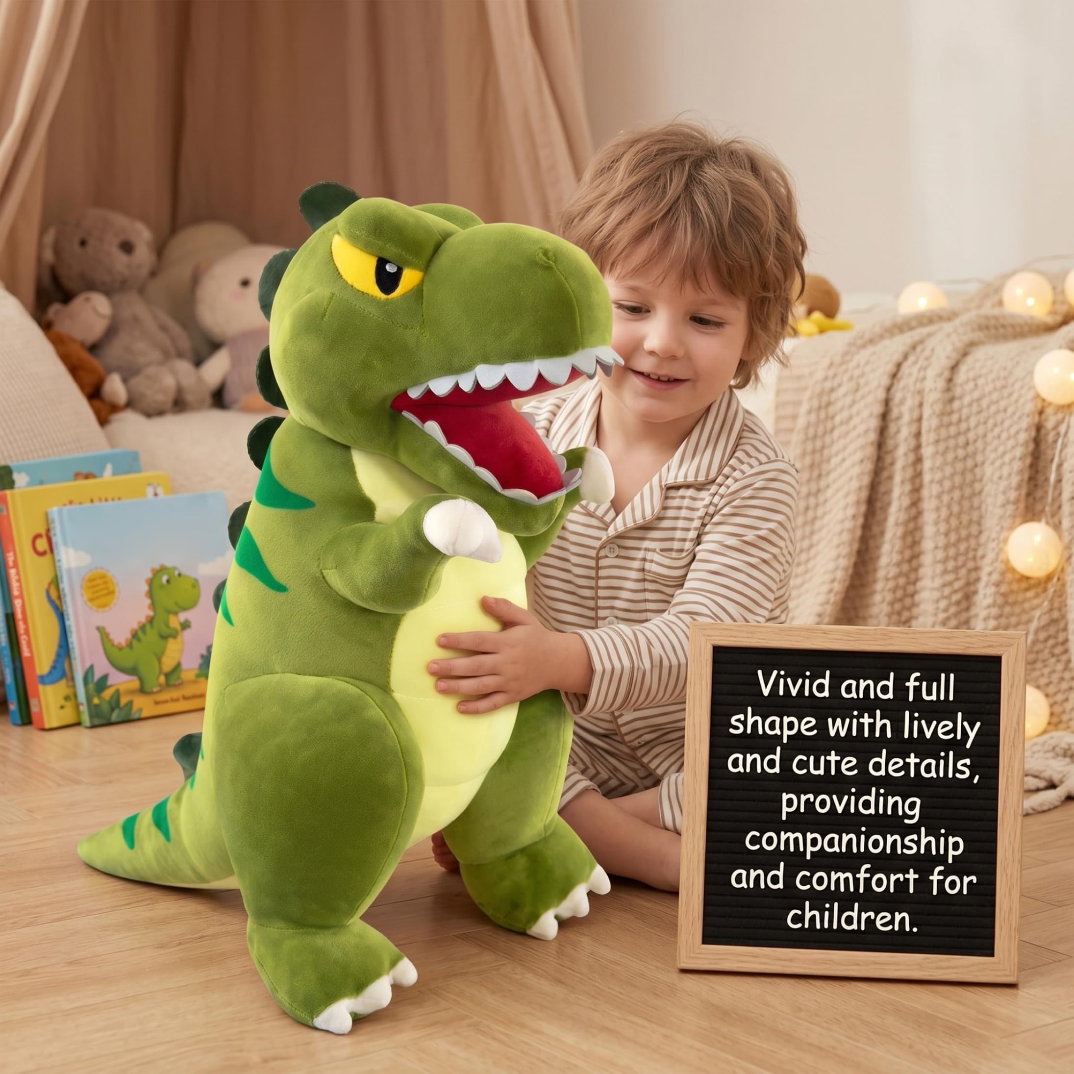 Dinosaurio De Peluche, Lindo Juguete De Peluche De Dinosaurio, Almohada Suave Y Acogedora, Compañero para Niños, Verde, 23, 62 Pulgadas (60 Cm)