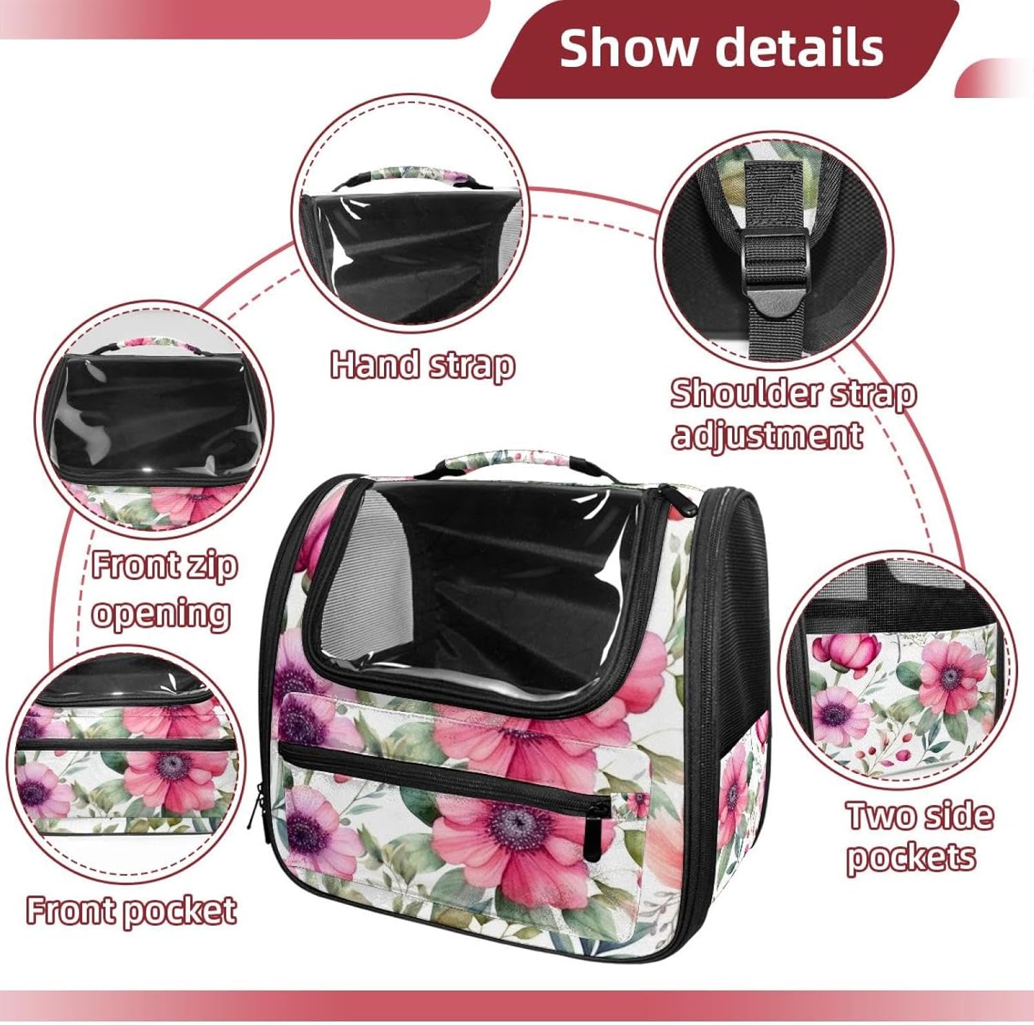 Portable Travel pet Backpack Carrier Hamster Bag Small Dog cat Carrier Breathable Hang Bag, Pink Flowers with Leaves