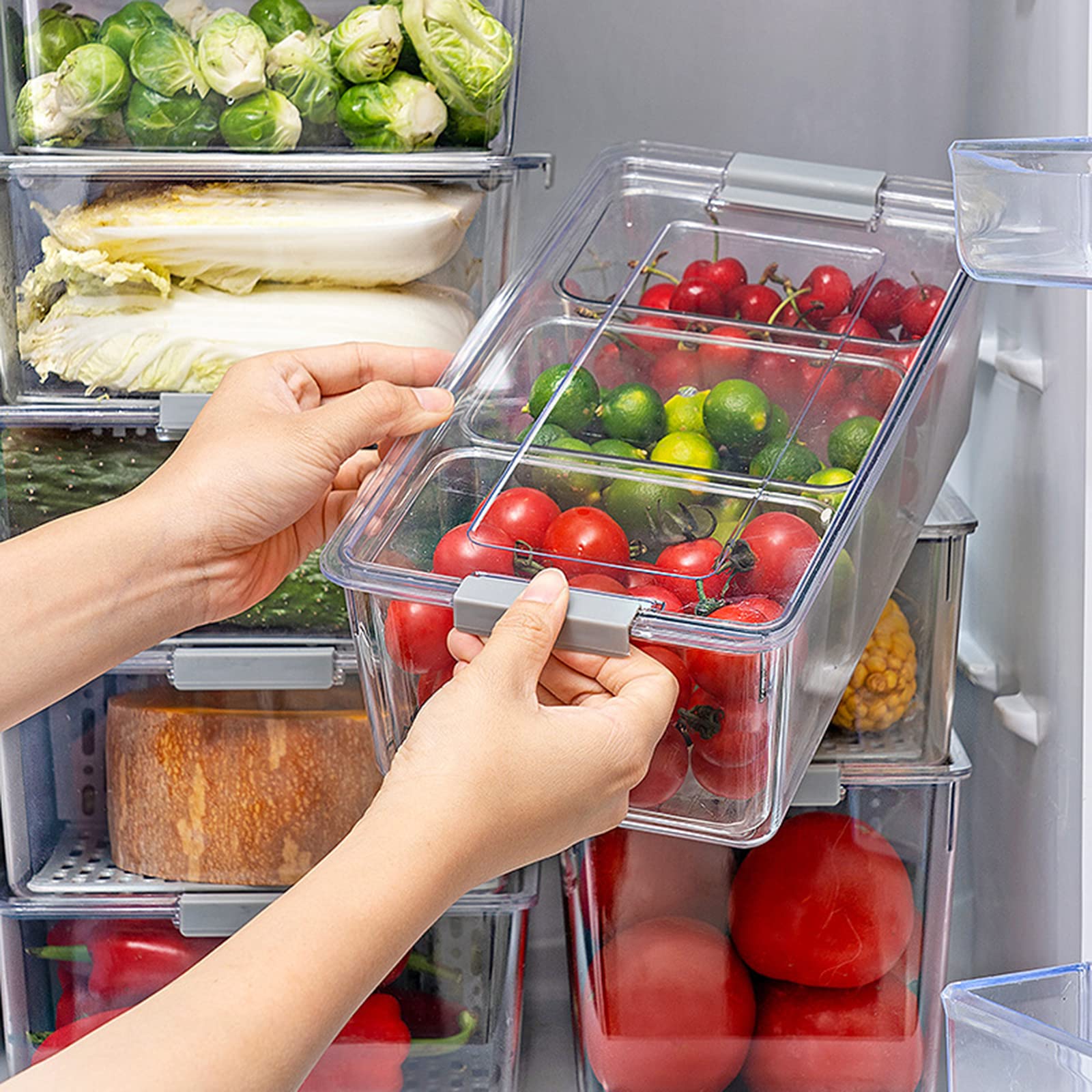 Contenitore per frigorifero - Con cestello di scarico - Organizer per frigorifero impilabile da cucina, Organizer sigillato con coperchio, Organizer per frigorifero con cassetto estraibile (Dimensio