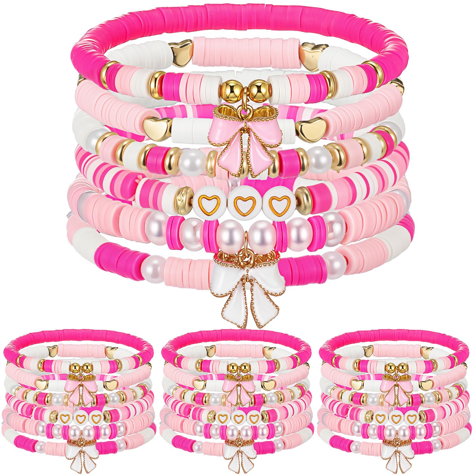 Photo 1 of **Only 10**Landical 24 Pcs Coquette Bow Bracelet Bulk Friendship Bracelets Groovy Boho Party Gifts Stretch Beaded Bracelets for Retro Hippie Party Supplies(Pink,Coquette Bow)