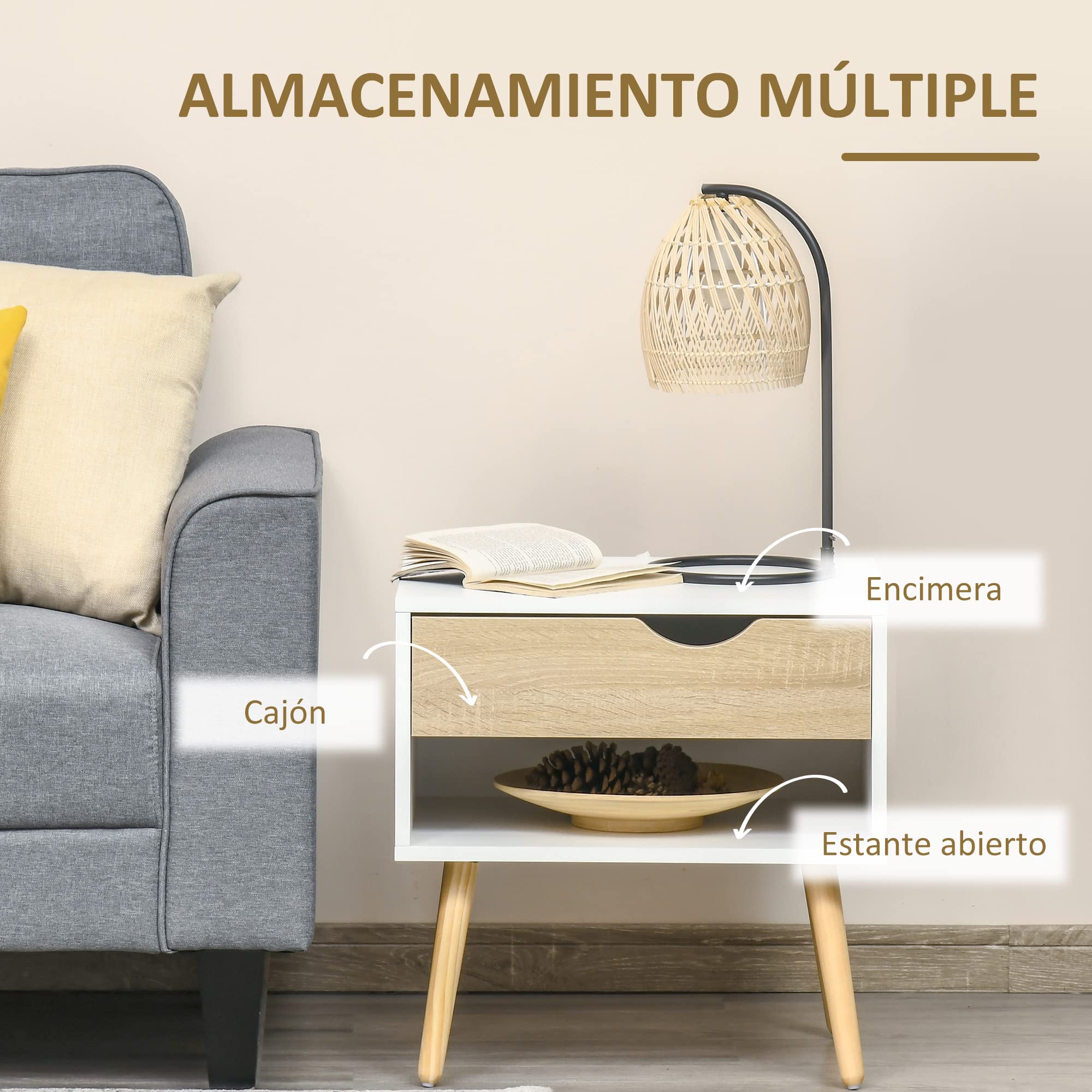 HOMCOM Set de 2 Mesitas de Noche con Cajón 50x39x51 cm Blanco y Roble | Mesa Auxiliar, Mesillas de Noche, Estante de Almacenamiento, Dormitorio Salón Cama Oficina, Estilo Moderno