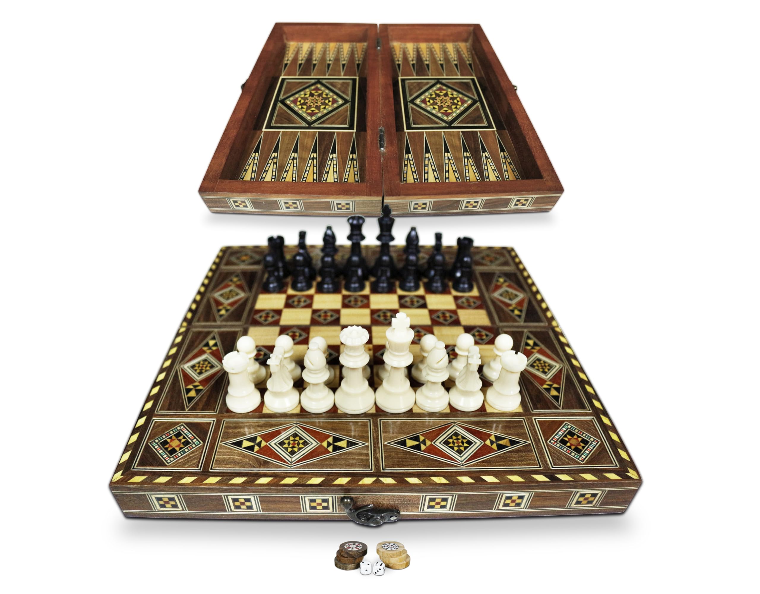 30 x 30 cm in legno Backgammon Tavla/gioco di scacchi/DAMA, Tavla,originale intarsiato artigianato fatto a mano, Brett BK 301F con 30 pietre di backgammon in legno e con statuette di scacchi in