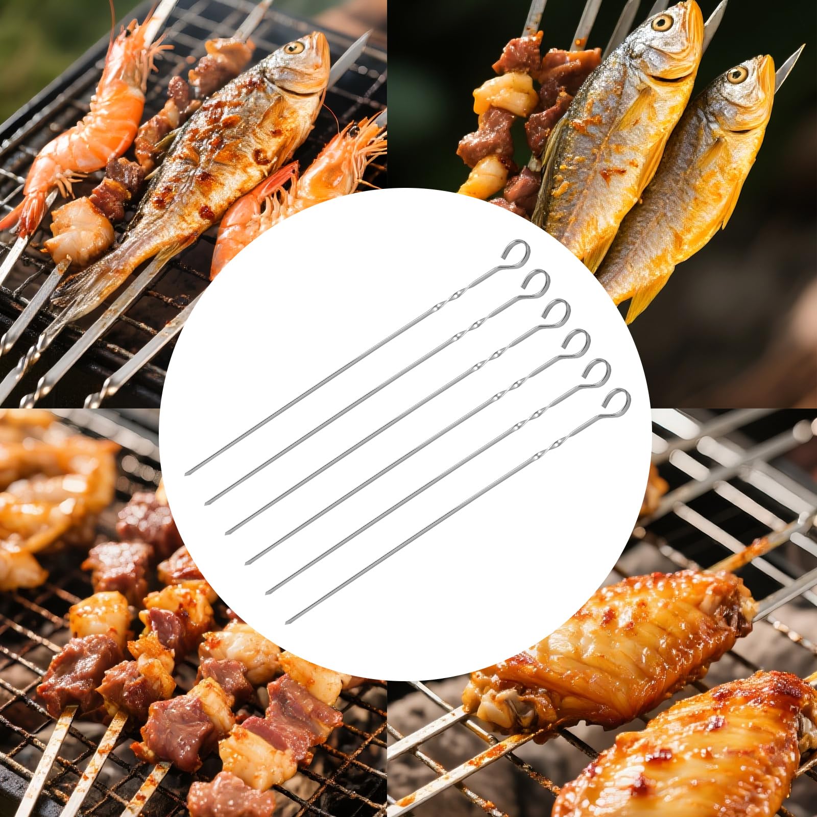 SINJEUN Set di 20 spiedini per barbecue in acciaio inox, 40 cm, spessore 0,7 cm, con design a spirale, per barbecue e cucina all'aperto