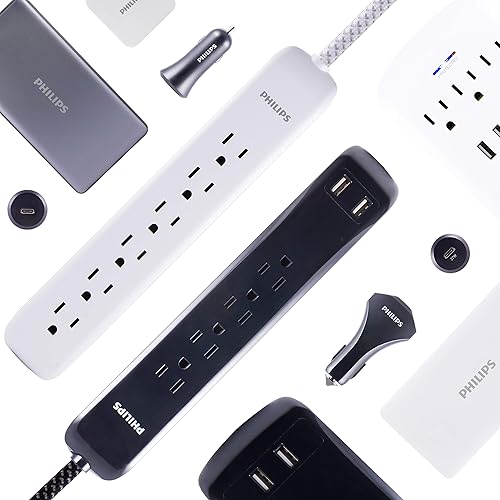 Miniatura 7 de Philips Regleta protectora de sobretensiones de 4 salidas con 2 puertos USB, cable de alimentación de 4 pies, cable de extensión trenzado de diseño,