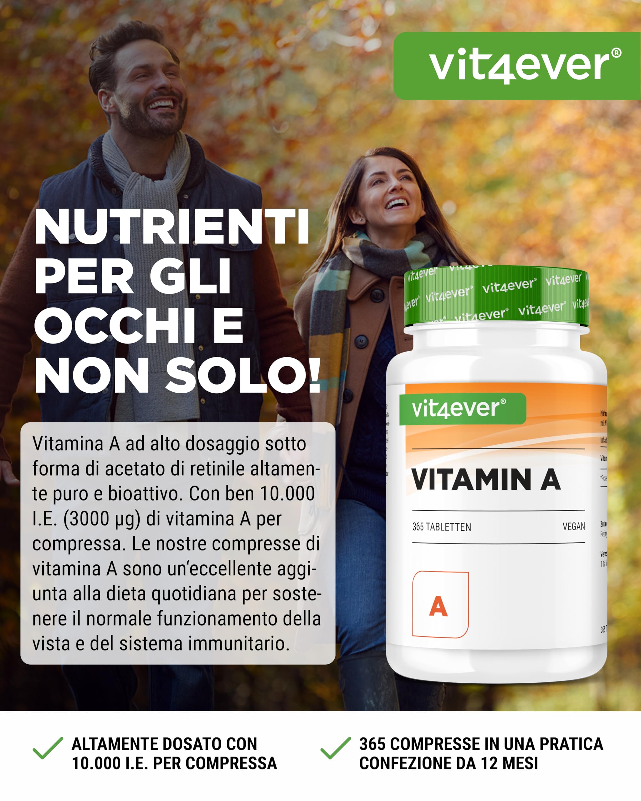vit4ever Vitamina A - 10.000 U.I. (3000 µg) - 365 compresse - Alternativa alle capsule - Acetato di retinile ad alto dosaggio - Senza additivi inutili - Occhi, pelle, sistema immunitario - Vegan