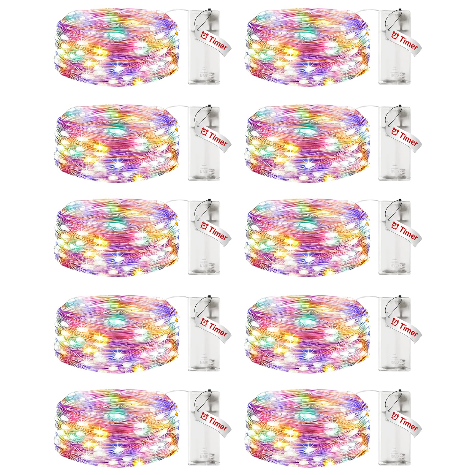 Paquete de 10 luces de hadas a pilas con temporizador, 7 pies, 20 luces LED impermeables, alambre plateado, luces parpadeantes para dormitorio, Navidad, boda, decoración de fiesta, multicolor