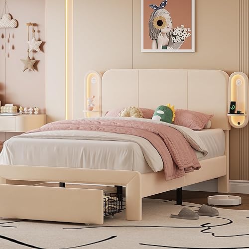 Miniatura 9 de Base de cama tapizada tamaño Queen con 2 cajones de almacenamiento y cabecera de estante lateral, marco de cama de terciopelo con luces LED, puerto