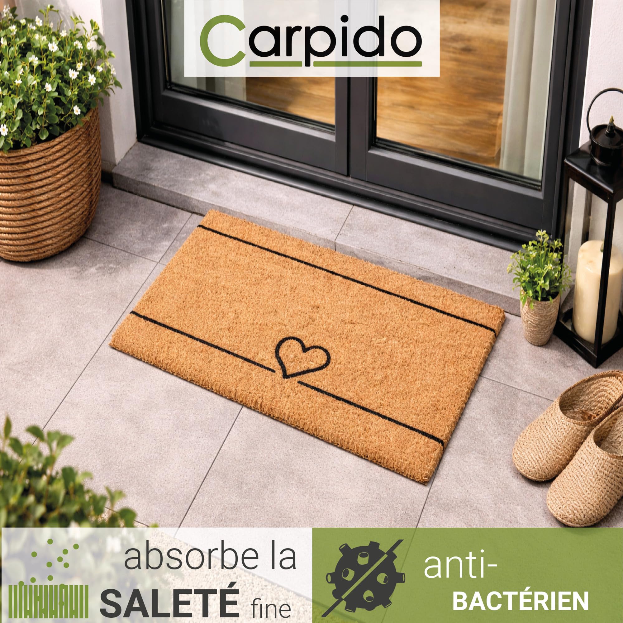 Carpido Paillasson Coco Coeur Lignes Design - Chemin de propreté 40x60 cm Lot de 2 - paillasson intérieur - Tapis Coco antibactérien - matériau Naturel