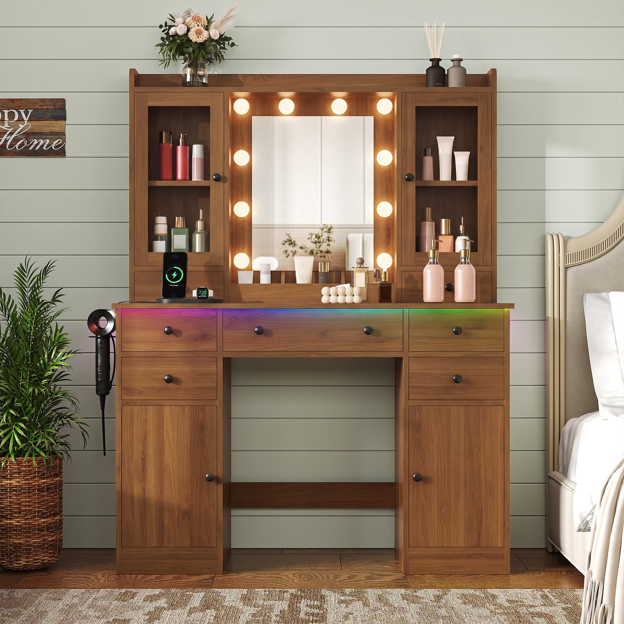 HUANLEGO Walnut Vanity Desk with Mirror and Lights for Girls Women