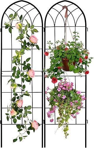 LZRS Paquete de 2 enrejados de jardín de arco rústico de 71 x 20 pulgadas con revestimiento de metal negro, perfecto para apoyar plantas trepadoras