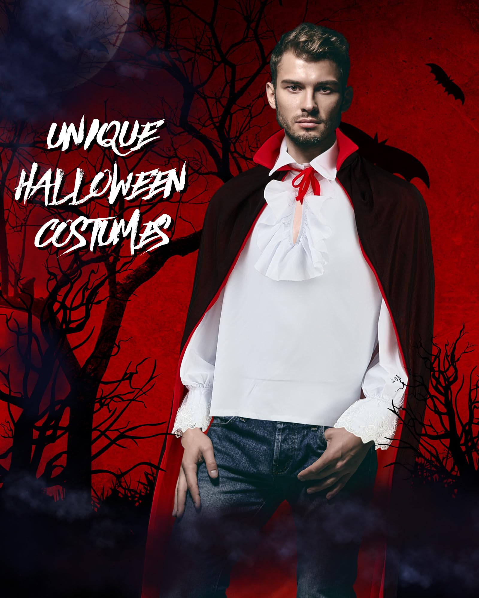 Liitrsh 4 Pcs Adult Men Halloween Vampire Costume Set Shirt Cape Scepter Teeth for Cosplay Party Events Gifts (Medium)