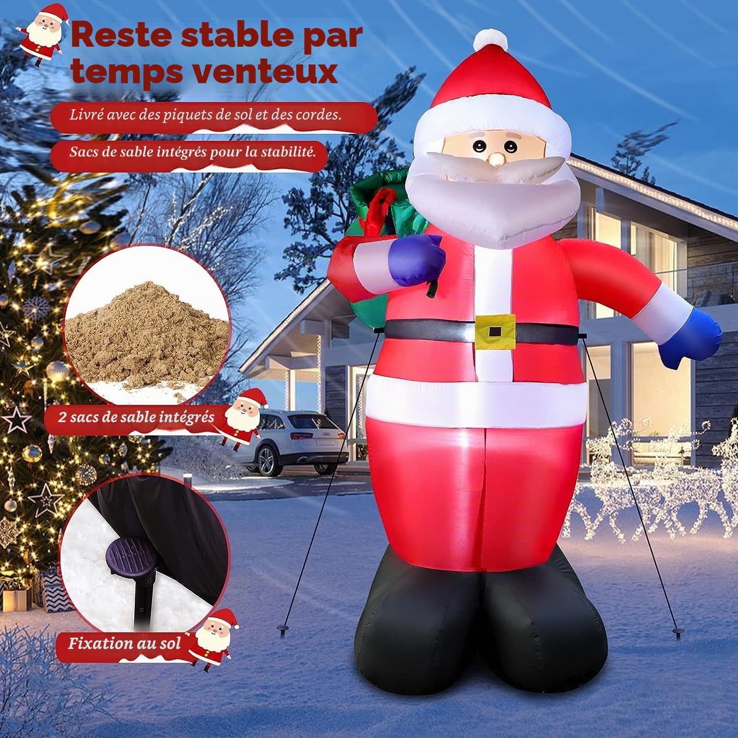 Père Noël Gonflable 245cm avec Lumière LED, Résistant aux Intempéries IP44, Figurine Géante avec Sac Cadeau, Décoration d'Éclairage Extérieur pour Jardin, Pelouse, Cour