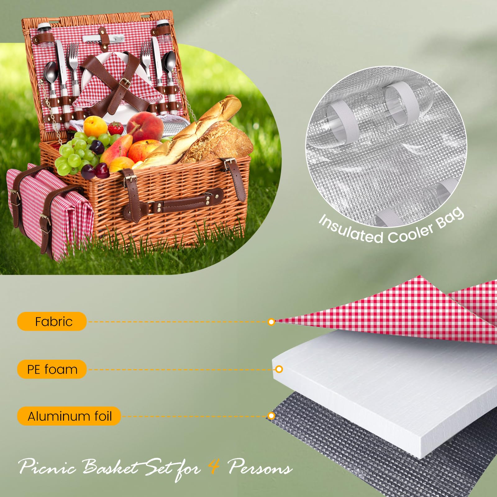 Cestino Picnic, Cesto Picnic Vimini con Scomparto Termico,Cestino Vimini con Coperta Impermeabile e Set di Posate, Set Pic Nic 4 Persone per Campeggio, Cestino Pic Nic (Rosa)