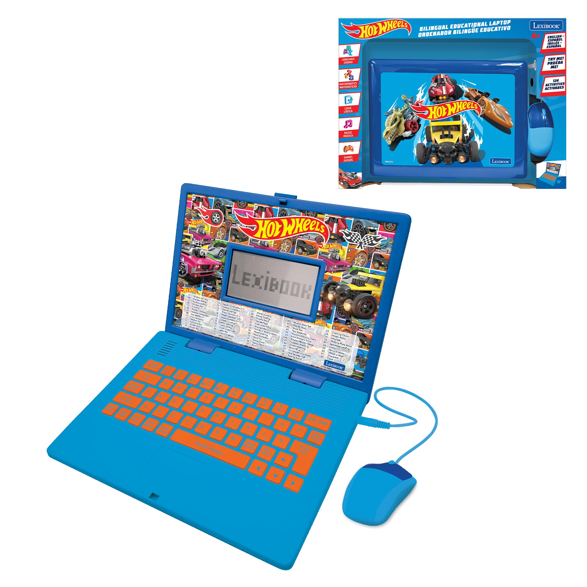 LEXIBOOK, Hot Wheels Biligual Educational Laptop English Spanish, 164 Bilingual Activities, 3 Animated Stories