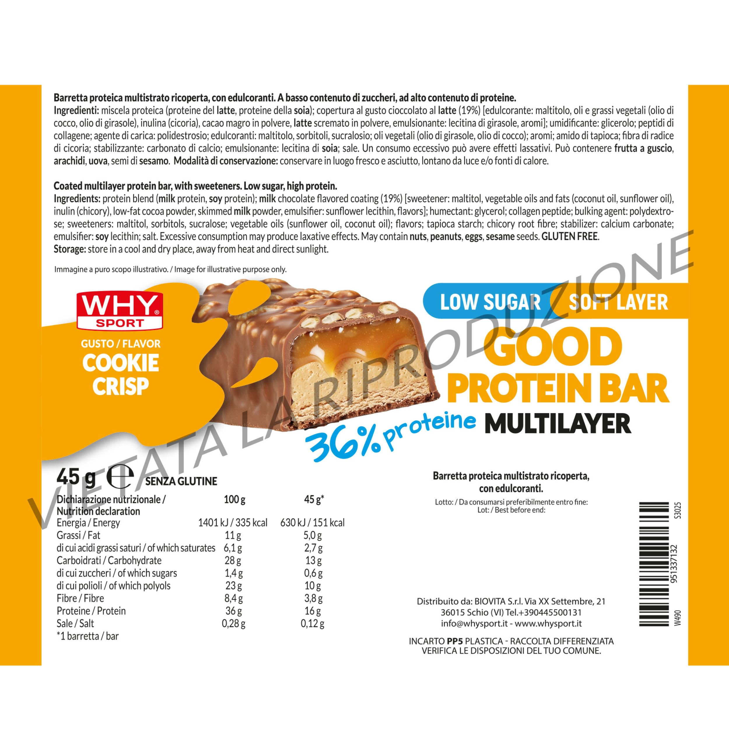 WHY SPORT 36% GOOD PROTEIN BAR - Barrette Proteiche Ricoperte Multistrato - Barretta Proteica Senza Glutine - Snack Proteico - Box 24 Barrette da 45 gr (Cookie Crisp)