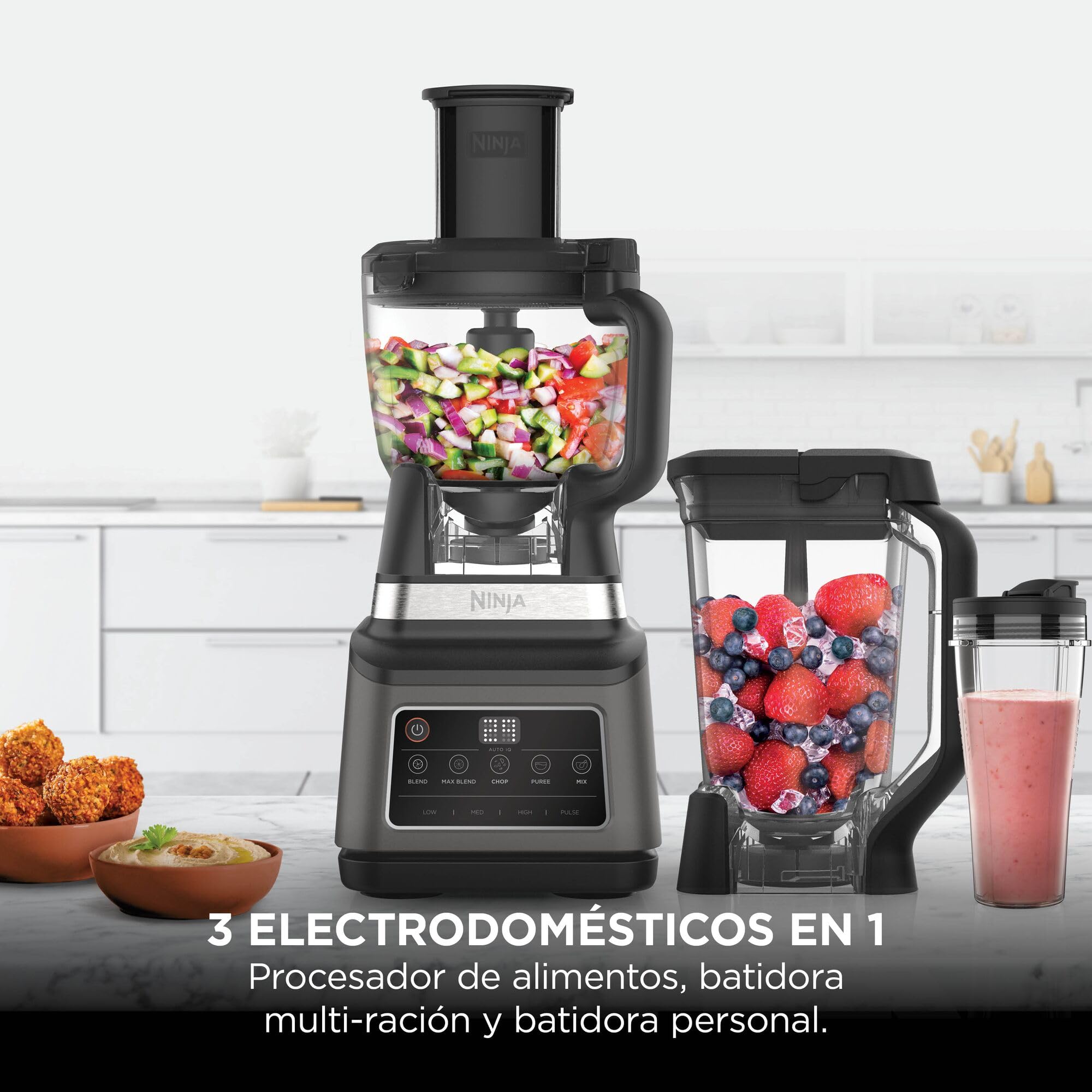 Ninja Procesador de alimentos 3 en 1, 1200 W, batidora multifunción, 5 programas automáticos, bol 1,8 l, jarra 2,1 l, vaso 700 ml, tecnología Auto-iQ, piezas aptas para lavavajillas, Negro, BN800EU