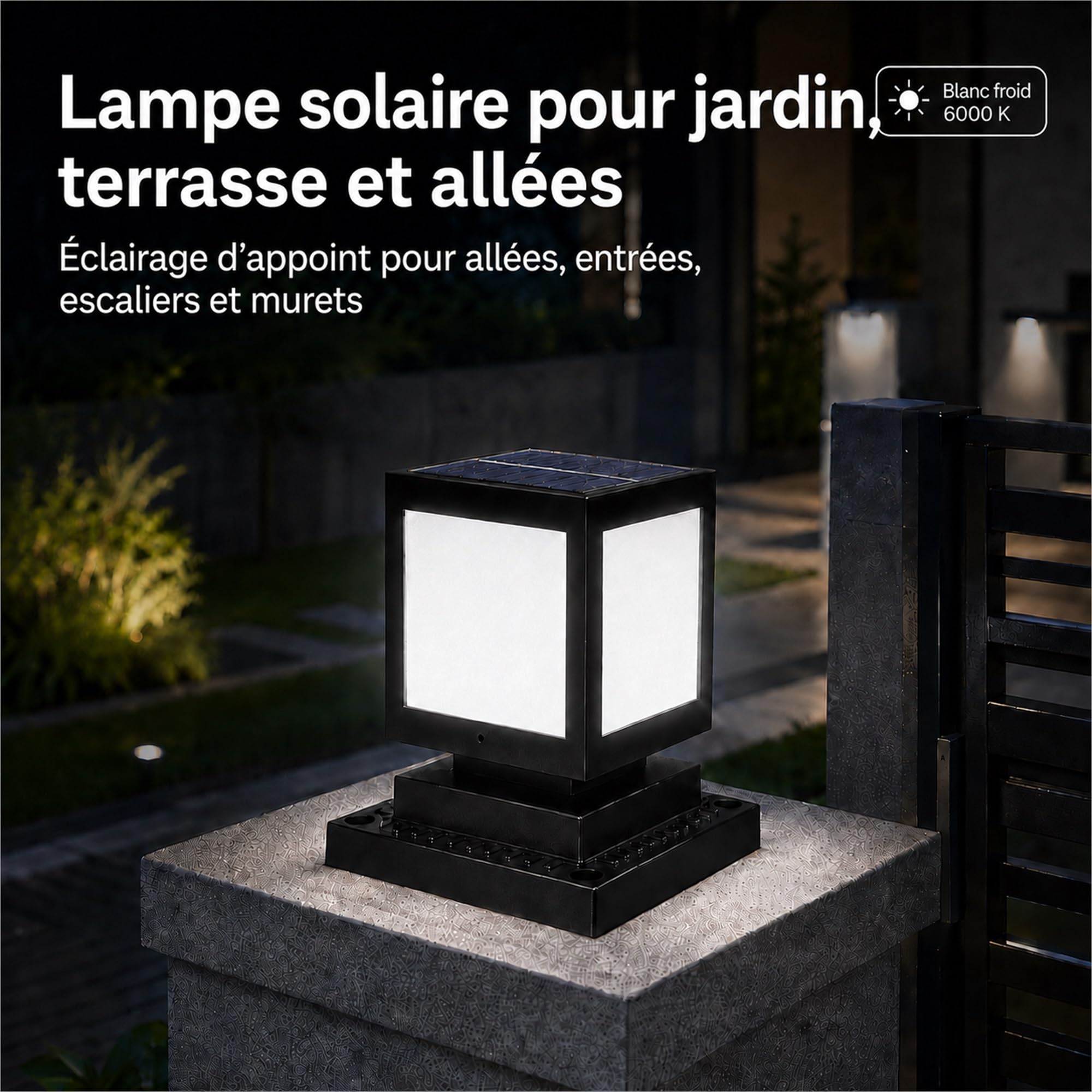 Borne Solaire Extérieur Jardin Potelet LED IP45 6000K Noir