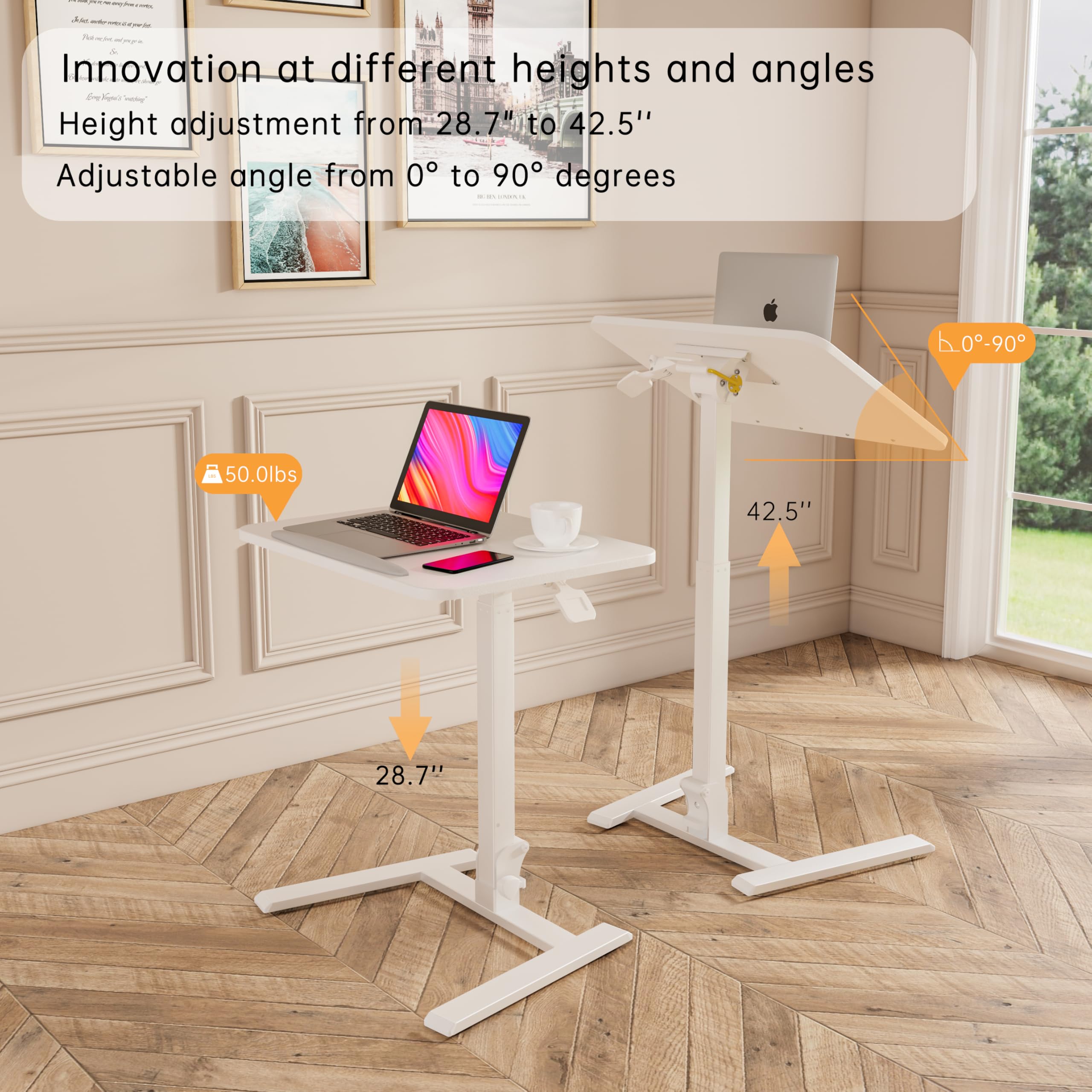 25 Inch Mobile Folding Desk - No Assembly Pneumatic Sit-Stand Desk 29-42 Height Adjustable Rolling Laptop Desk with — view 7