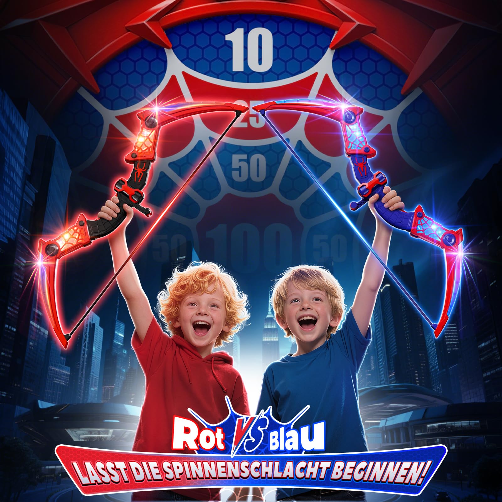 Spielzeug ab 3-12 Jahre Junge, 2 Stück PfeilBogen Kinder mit Rot & Blau LED Lichtern, Zielscheibe zum Stehen & 2×Köcher, Geschenk Junge 3 4 5 6 7 8 9 10 12 Jahre Geschenkideen Spiele für Kinder