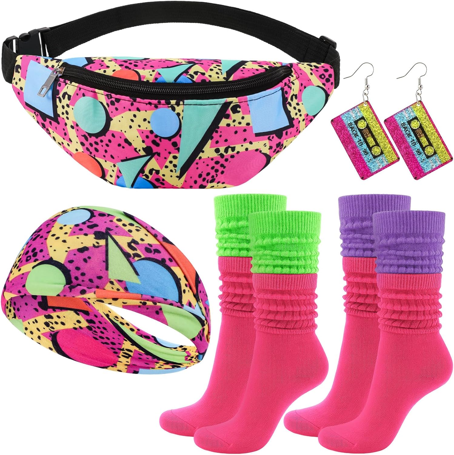 80s Costume Accessories Set, Neon Retro Fanny Pack Hairband Fishnet Slouch Socks for Party Halloween
