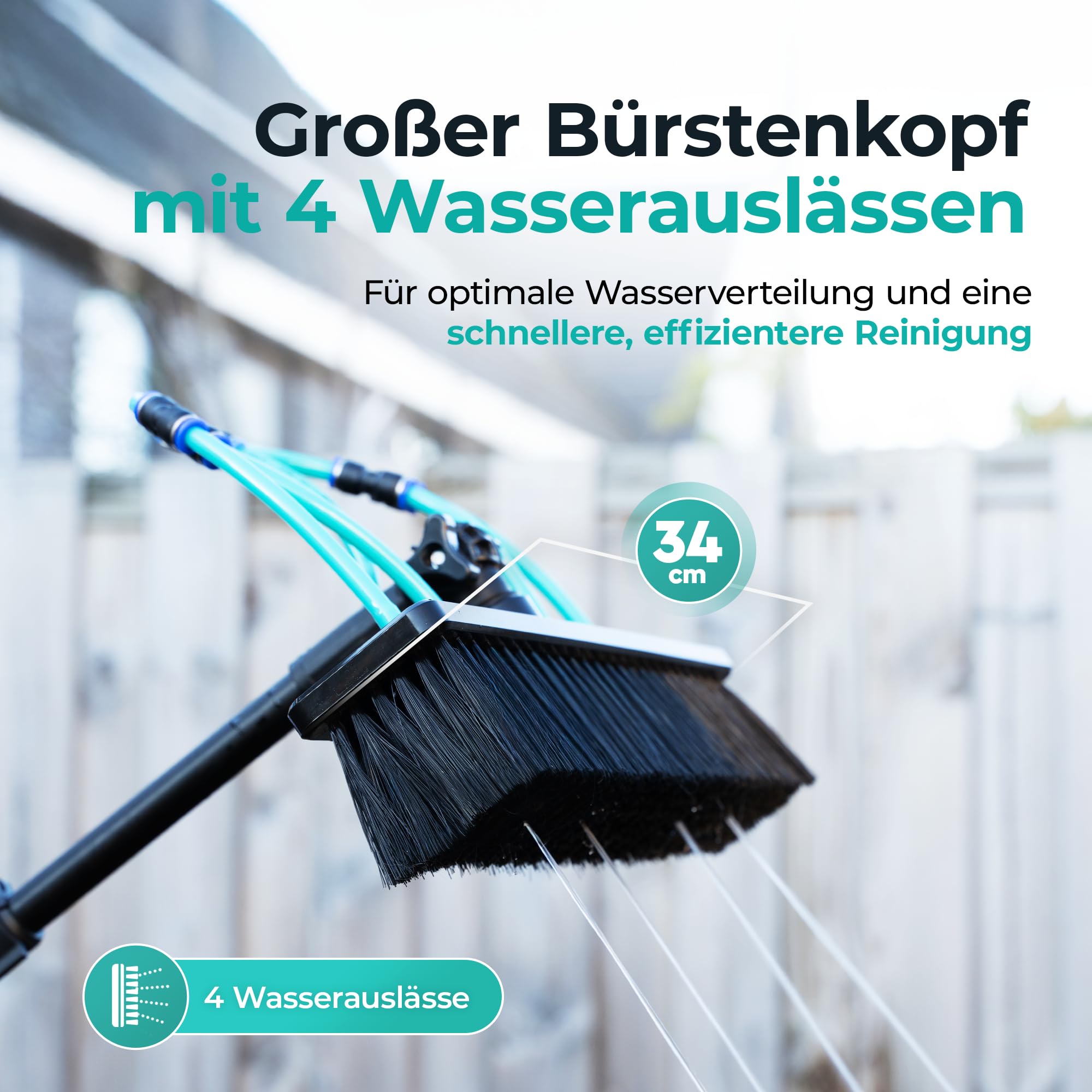 VENTRA Teleskop-Waschbürste 7,2M – Extra Große Bürste (34 cm) - 4 Wasserauslässe – Fensterheber & Staubwedel – Edelstahl Teleskopstiel – Inklusive Handschuhe & Mikrofasertuch