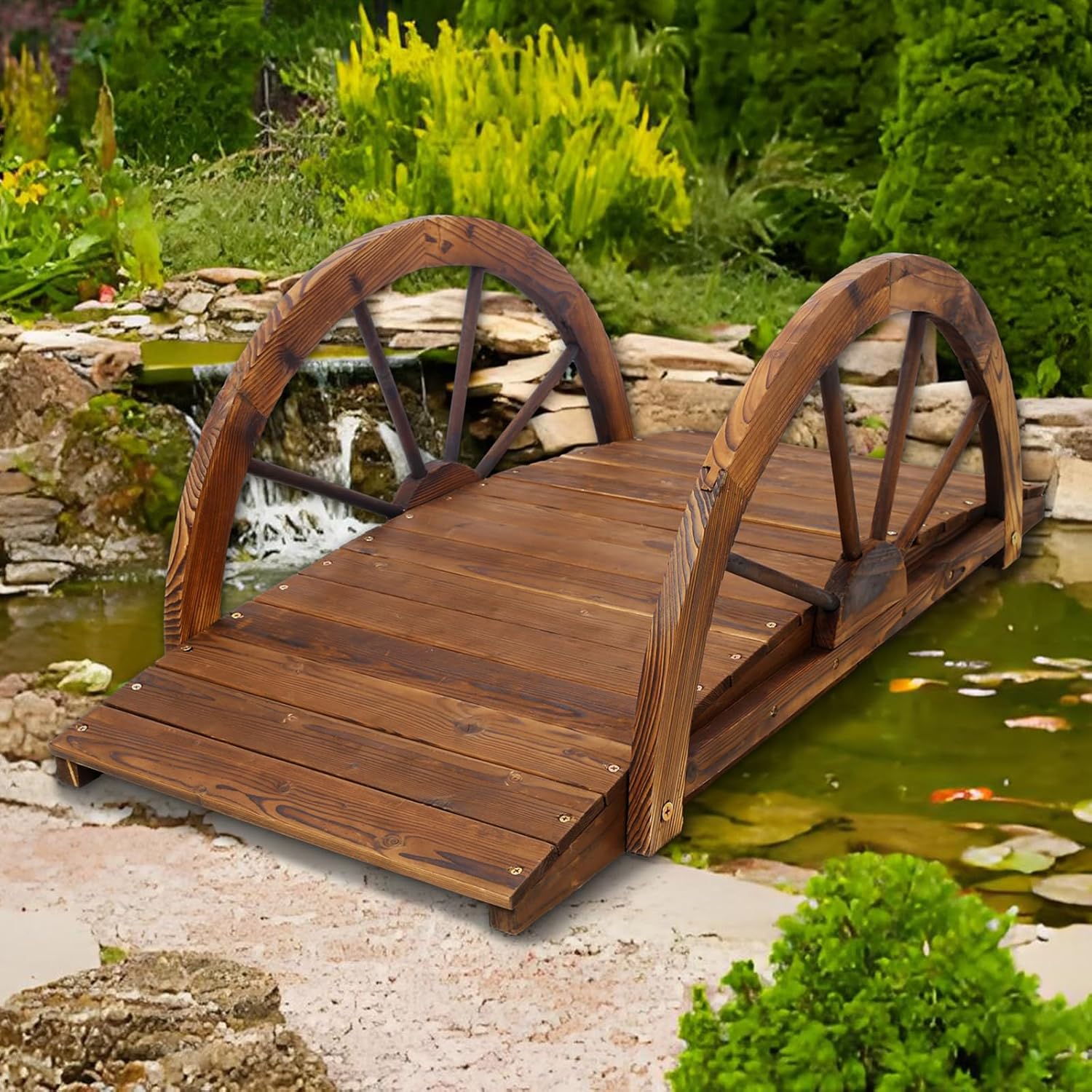 Wooden Garden Bridges for Outdoors 5ft, Garden Bridge for Backyard Yard Patio Courtyard, 59" x 26.4" x 20.6" (Brown-1)
