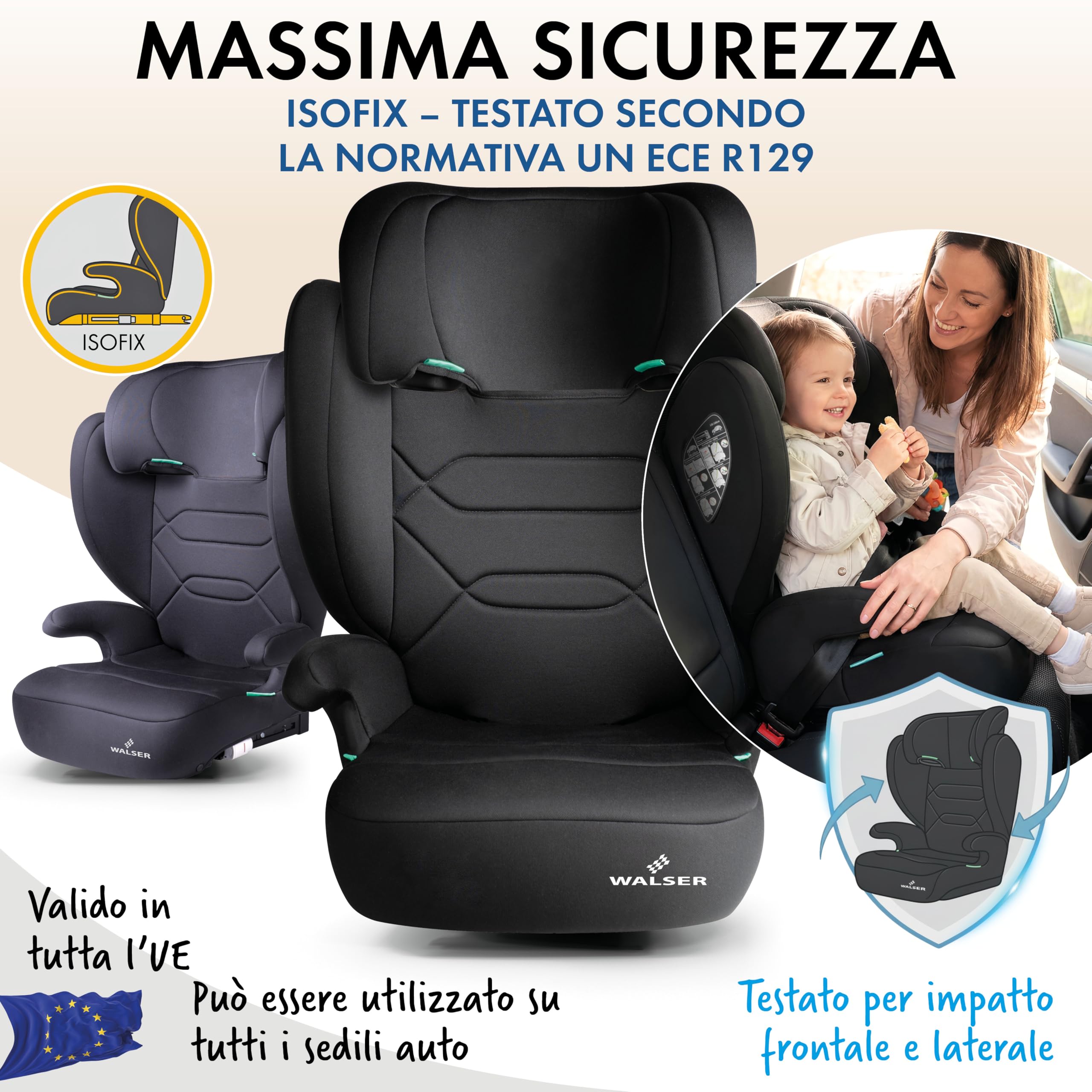 WALSER Seggiolino auto Premium Numa, rialzo bambino 2in1 ISOFIX schienale rimovibile + poggiatesta regolabile 3-8 anni 100-150 cm ultima normativa ECE R 129, rialzo auto antracite