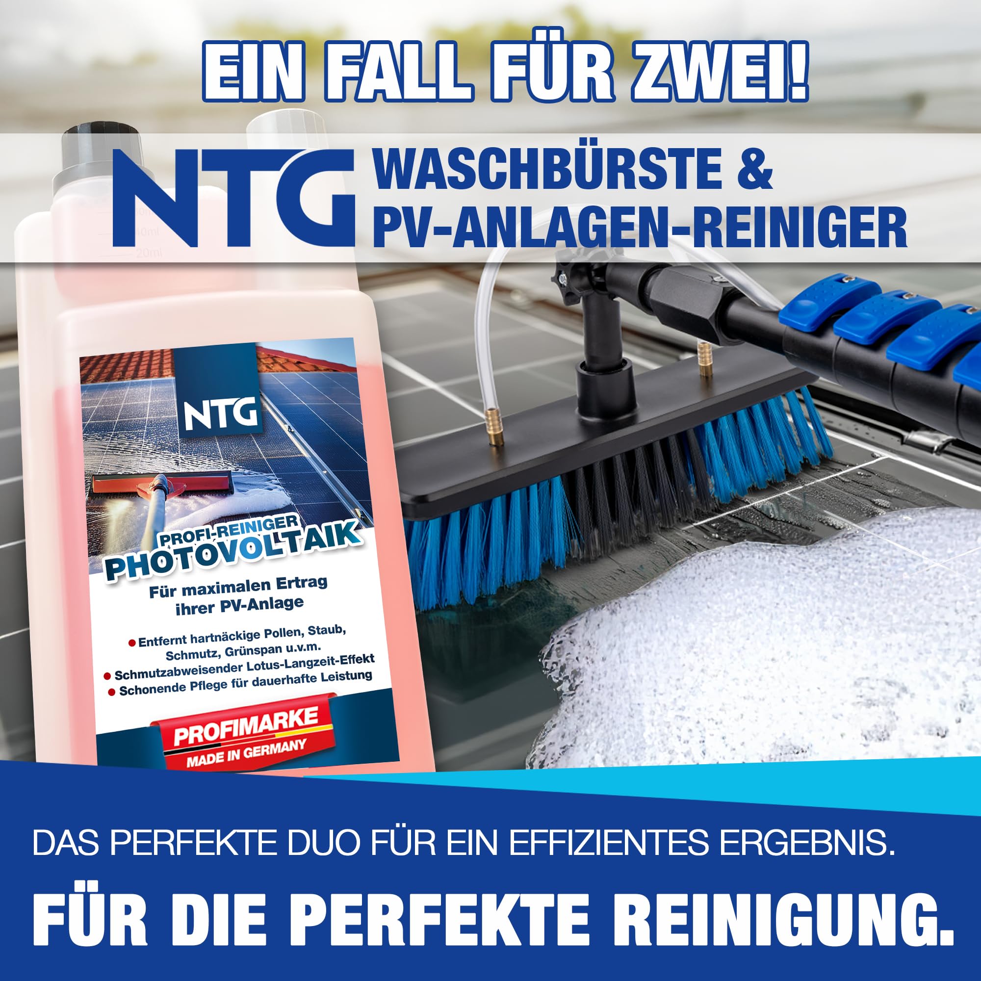 Brosse de Lavage télescopique NTG pour Le Nettoyage des installations solaires et des fenêtres| Version 4,6 mètres ou 7 mètres | avec raccordement à l'eau et Distributeur de Savon