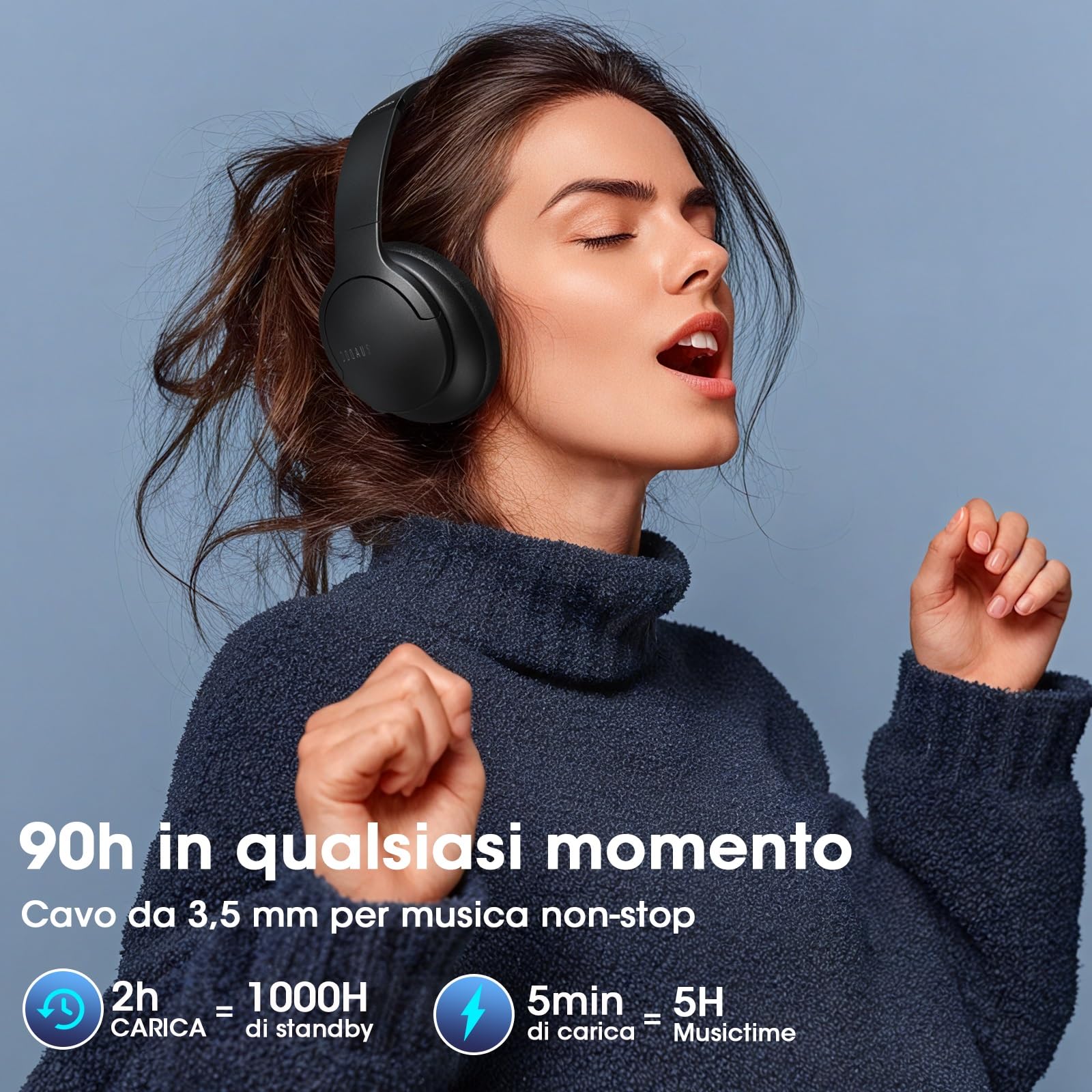 DOQAUS Cuffie Bluetooth Over Ear, Cuffie Wireless con 90 Ore di Autonomia, 9 Modalità EQ e Controllo APP, Audio HiFi con Bassi Profondi, Microfono Integrato, Pieghevoli, Modalità Cablata, Nero