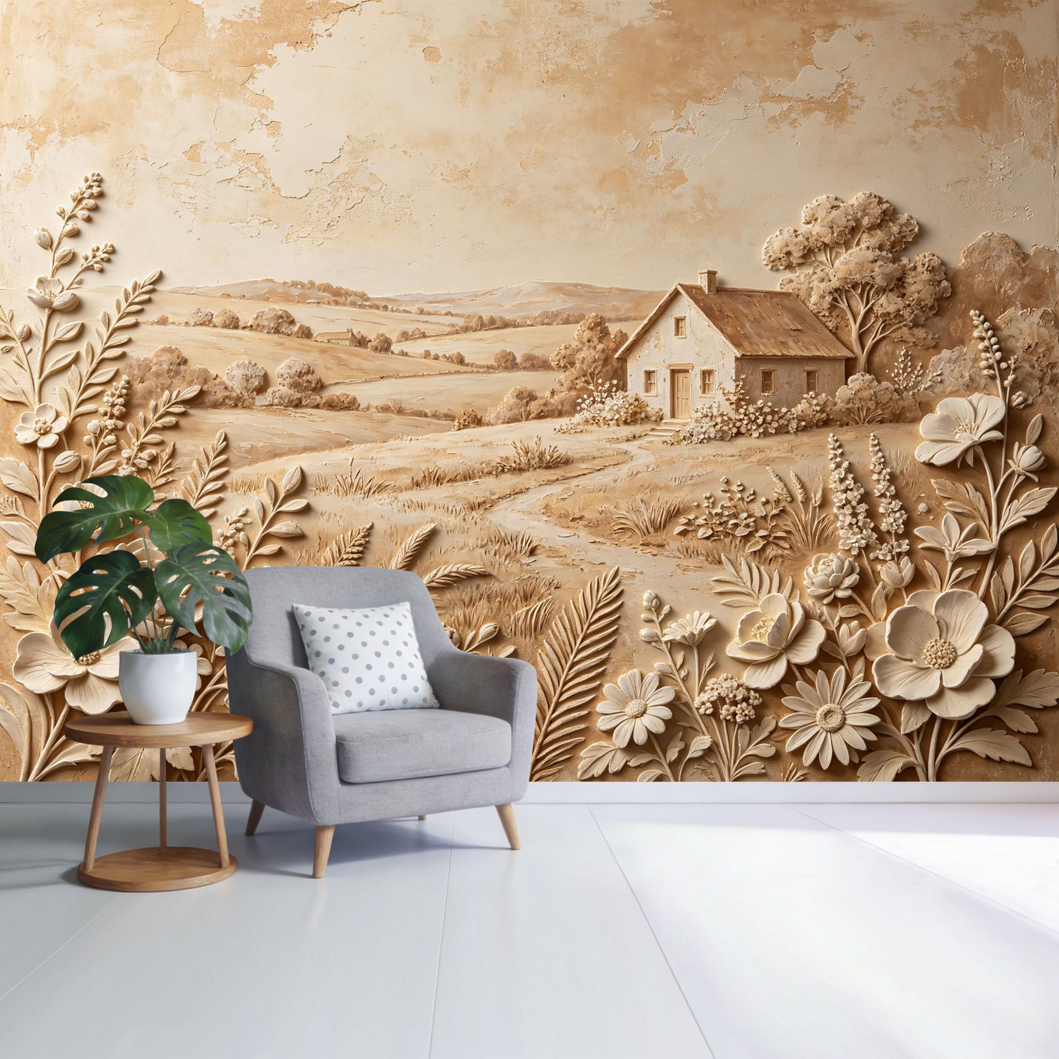 Custom Size Wall Mural Vintage Countryside Cottage Floral Relief Landscape Textured Botanical Style SelfAdhesive Wall Fabric Removable Wallpaper for Home Office Decor