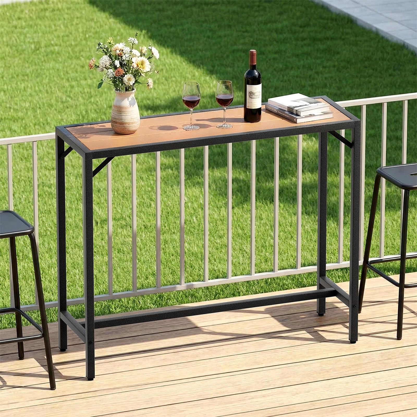 LIFERUN Mesa Alta de Bar de Exterior, 120 x 38 x 98 cm, Mesa de Bar para Jardín con Tablero Impermeable y Pies Ajustables, Mueble de Jardín para Terraza, Piscina, Salón, Comedor, Marrón