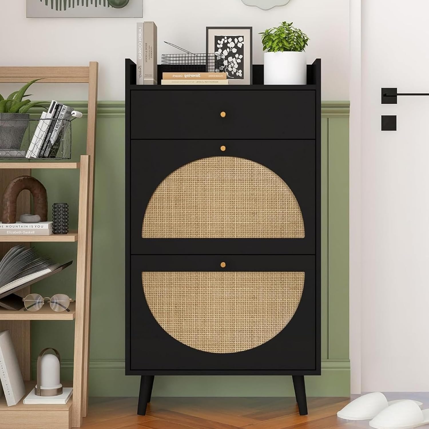 Rattan Shoe Cabinet with 2 Flip Drawer Slim Narrow Shoe Rack Cabinet with Storage Drawer Fence On Top Hidden Entryway Organizer Freestanding Modern Mid-Century Style (Black)