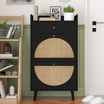 Rattan Shoe Cabinet with 2 Flip Drawer Slim Narrow Shoe Rack Cabinet with Storage Drawer Fence On Top Hidden Entryway Organizer Freestanding Modern Mid-Century Style Black