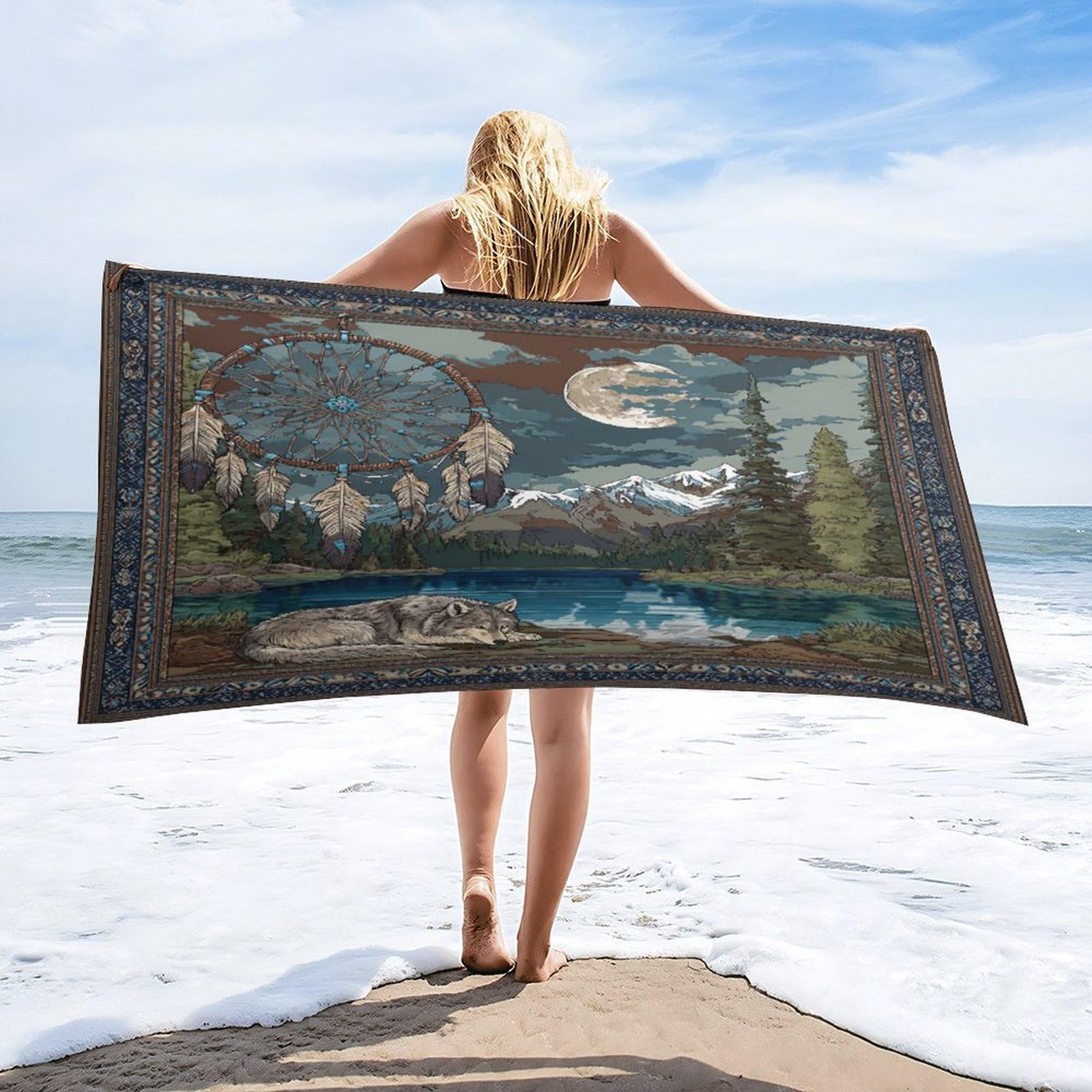 Luyysky Classic Abstract Dreamcatcher Absorbent Beach Towel, Rustic Oil Painting Full Moon Mountain Lake Landscape Animal Wolf Outdoor Single-Sided Velvet Beach Towel-80 W Cm X 160" L Cm