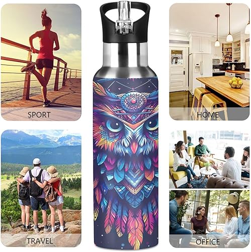 Miniatura 5 de Insulated Stainless Steel Water Bottle with Straw 32 Oz, BPA-Free Sport Water Bottle Insulated for Gym Outdoor Travel School, Boho Owl Dreamcatcher