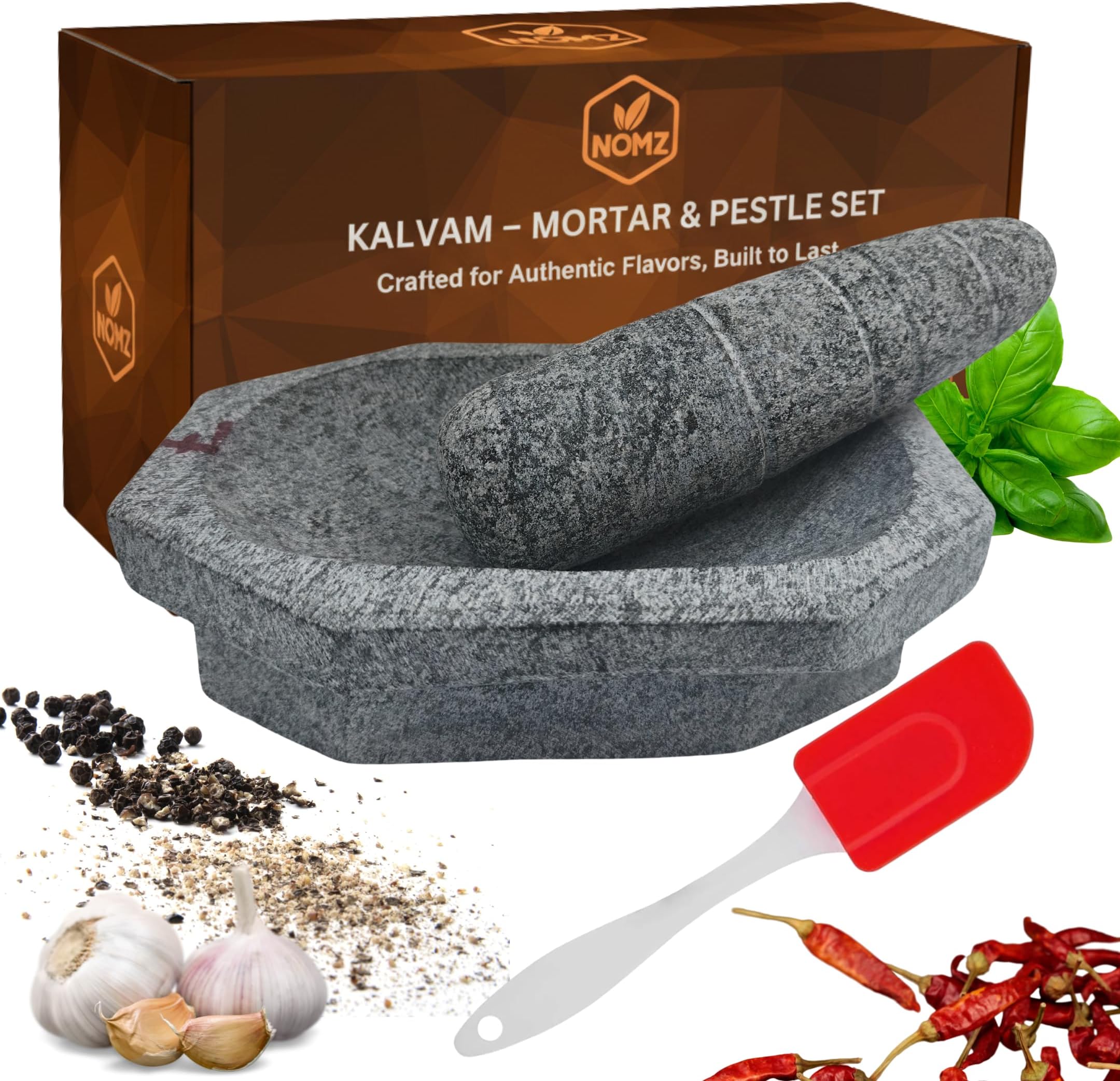 NOMZ Stone Mortar and Pestle Set (Kalvam) 7 Inch, 2.5 Kg, 3/4 Cup | Handmade Silbatta for Chutney and Masala | Heavy Duty Khalbatta with Anti-Skid Base