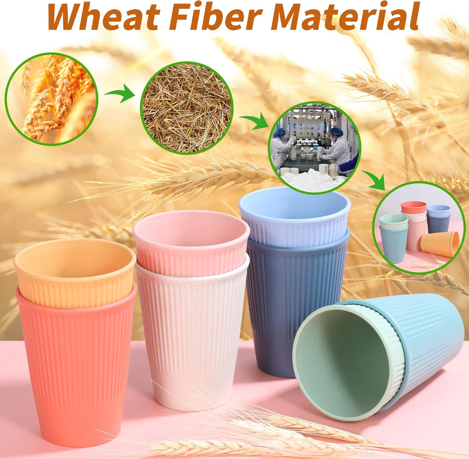 Wheat Straw Cups, Unbreakable Drinking Cup Dishwasher Safe Water Glasses with 8 Colors for Drinking Water, Juice,Milk, Soda, Coffee,Easy to Clean & Reusable (8 Pcs) - Image 5