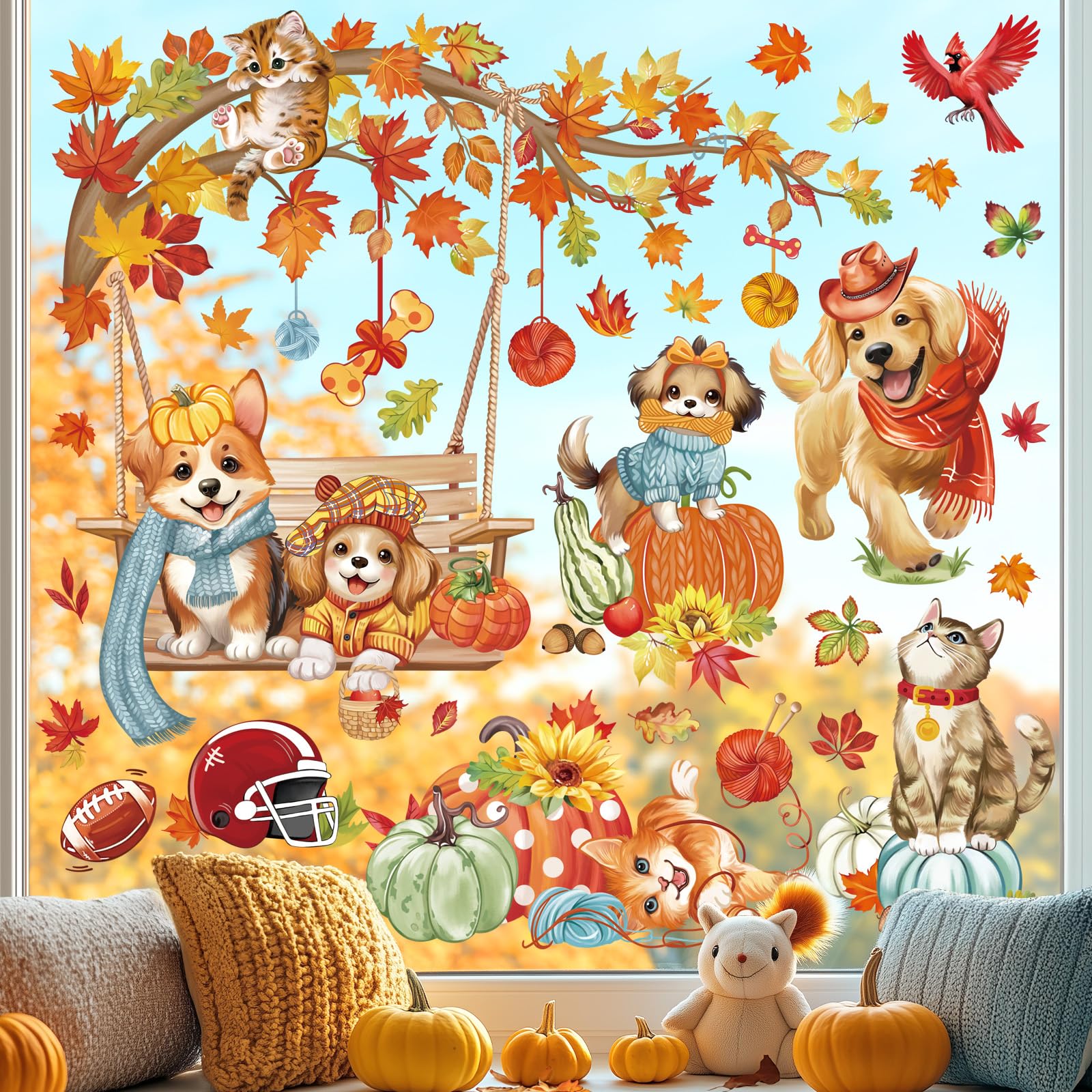 wondever Fall Animals Pets Window Clings Autumn Tree Branch Dogs Cat Swing Glass Sticker Decal Anti Collision Double-Side Static Window Stickers for Home Glass Window - Image 2