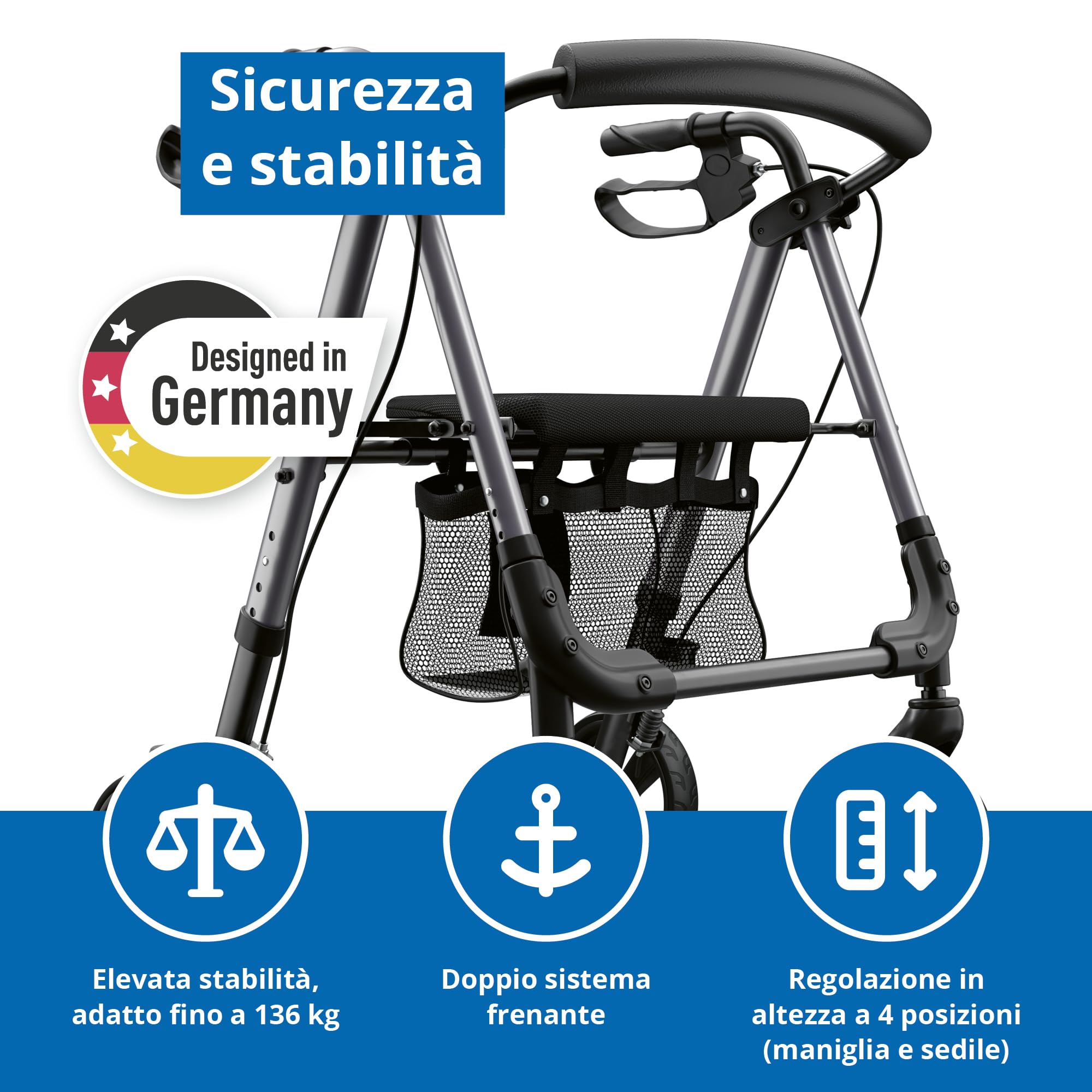 Deambulatore leggero e regolabile, 6,2 kg, seduta imbottita con schienale, rete e supporto per bastone, pieghevole, maniglie e seduta regolabili in altezza in 4 posizioni, carrello da passeggio da