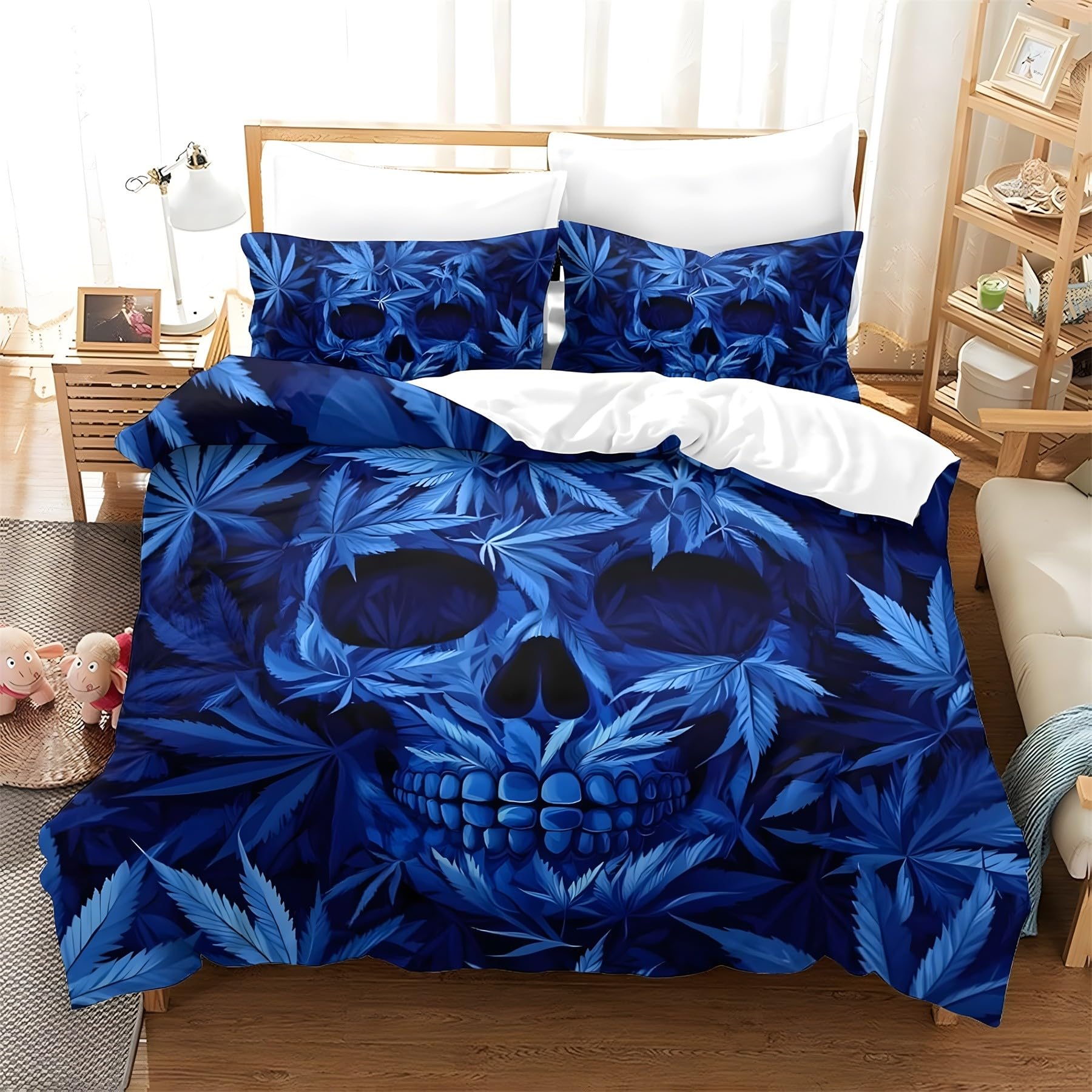 Parure de lit 220x240 adulte microfibre housse de couette bleu motifs crâne et cannabis