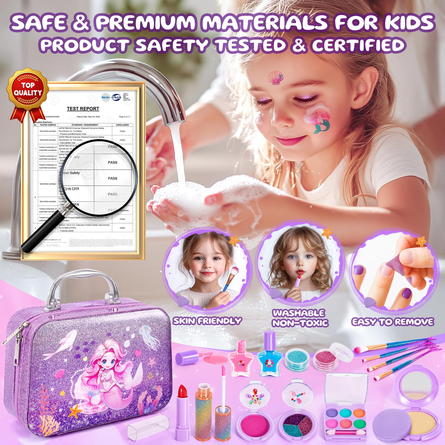 Hohosunlar Kit Maquillaje Enfant Fille avec Vernis à Ongles, Coffret Maquillage de Princesse Jouet Fille Non Toxique et Lavable, Les Cadeaux d'anniversaire de Noël Jouet pour Filles 3 4 5 6 7 8 9 10