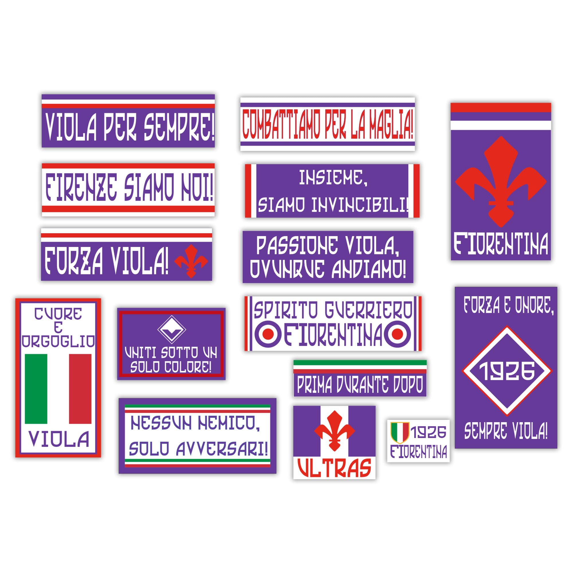 GamesMonkey® - Kit de 15 adhesivos Ultras - Fiorentina - Campeón de fútbol escudo - Vinilo brillante HD - Made in Italy impermeables para exterior interior de coche, moto, motocross, bicicleta, casco