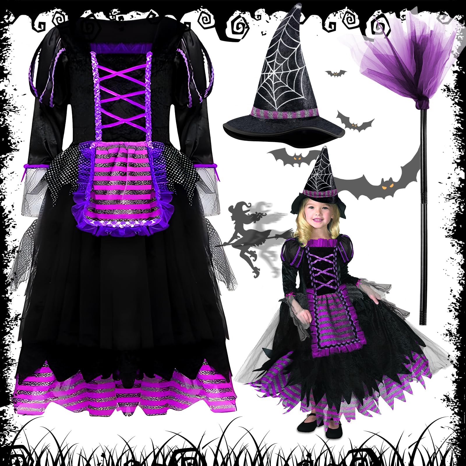 ITMNMNL Disfraz de Bruja Niña,Disfraz Bruja Mágica para Niñas,Disfraz Halloween Niña Bruja,con Accesorios de Sombrero y Escoba,Disfraz Bruja para Halloween,Carnaval,Disfraces Halloween - 5-8 Años