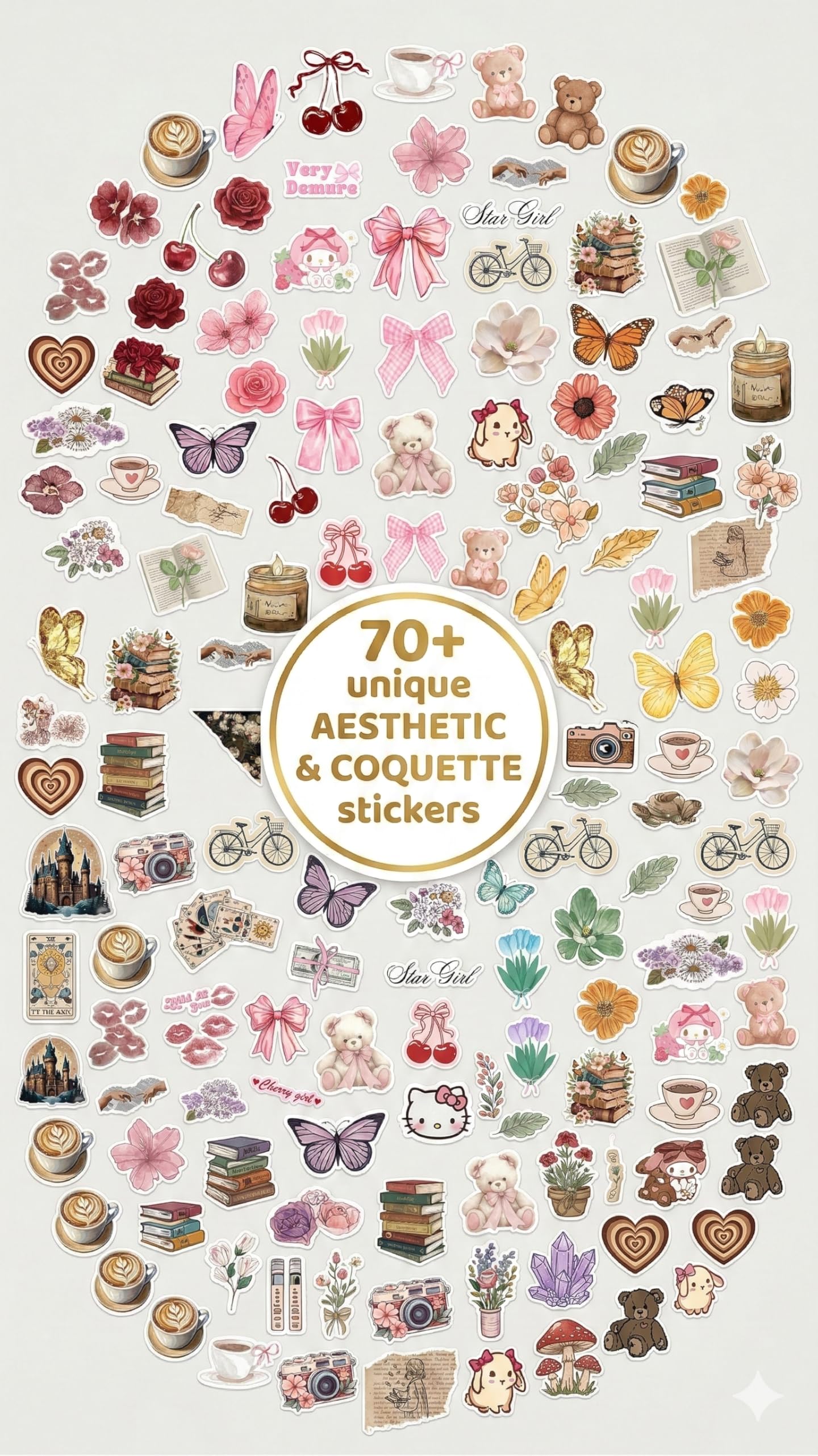 70pcs Cute Aesthetic Laptop Stickers Pack – Waterproof Vinyl Stickers for Laptop, Water Bottle, Phone, Scrapbook | Coquette, Vintage, Floral, Butterfly, Teddy Stickers for Girls & Teens-image-37