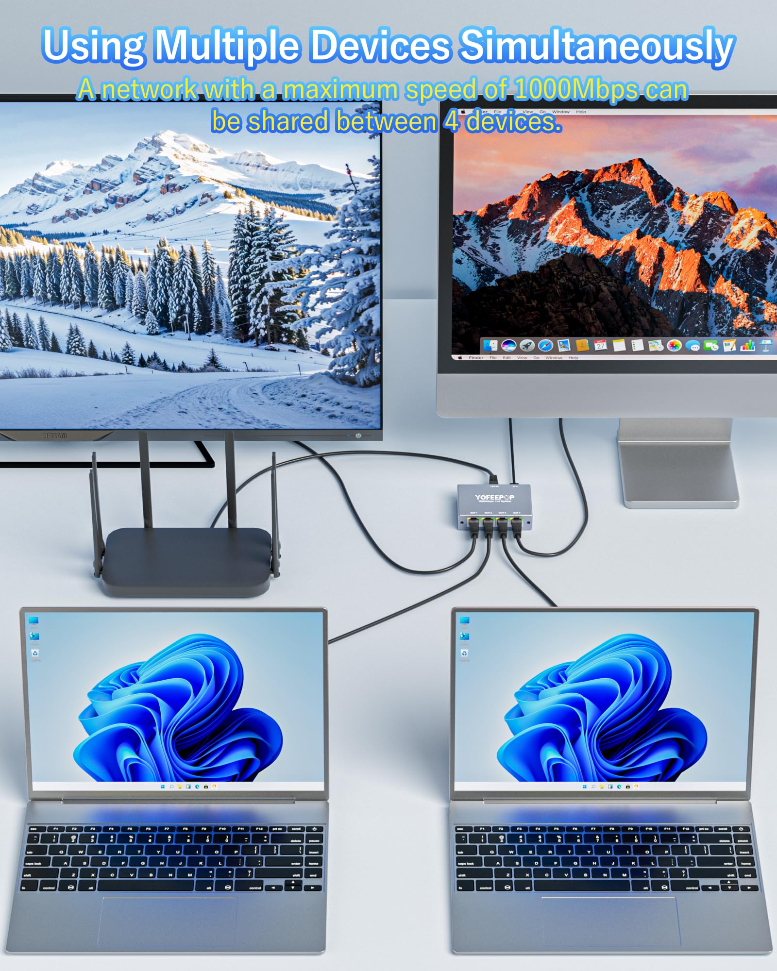 Répartiteur Ethernet 1 à 4, commutateur réseau Gigabit, 1000 Mbps haut débit RJ45 répartiteur Internet avec câble d'alimentation USB-C pour PC/ordinateur portable, PS5, Xbox, routeur, TV