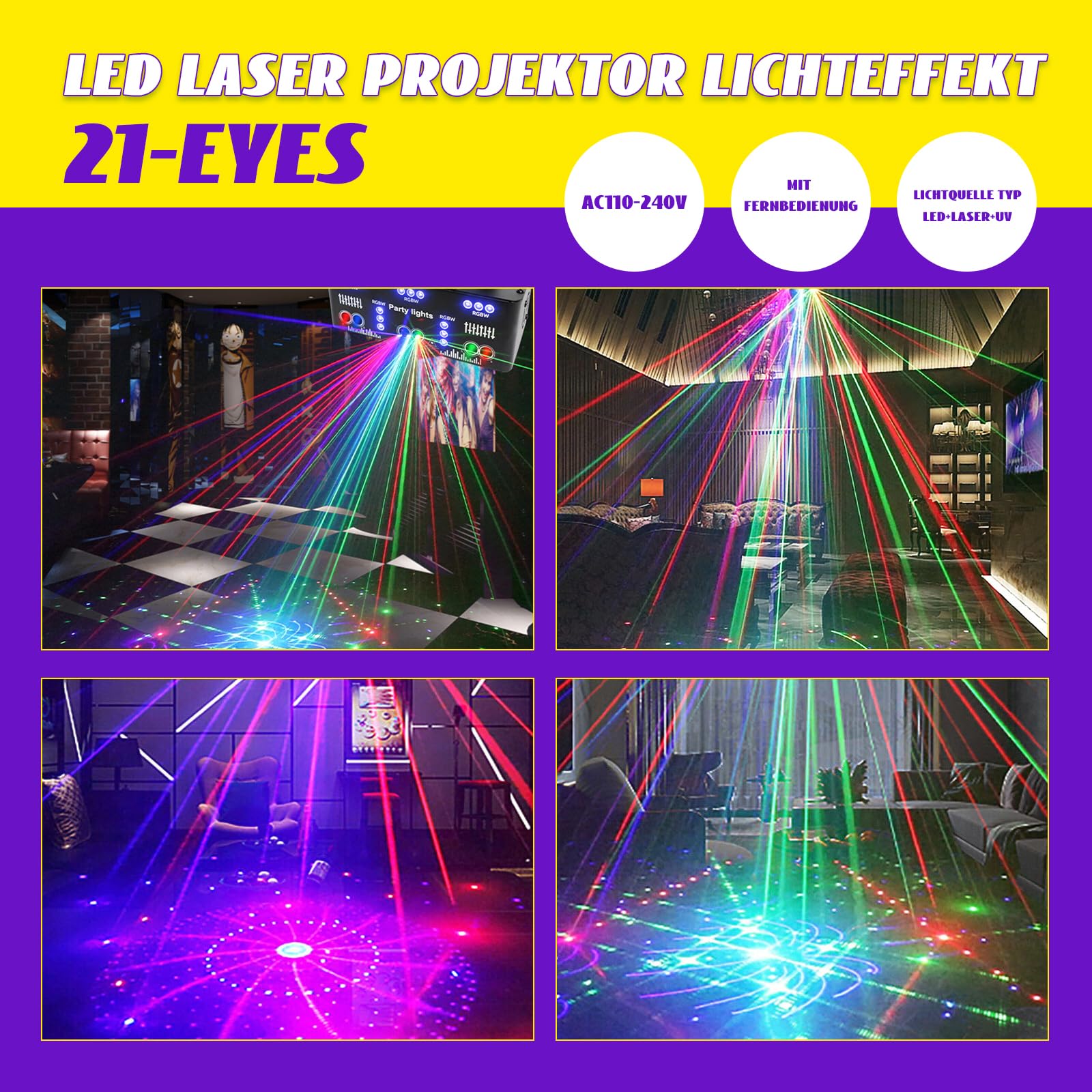 Discolicht Partylicht, 21 Eyes LED RGB Licht DJ Disco Bühnenbeleuchtung Laser Licht, DMX Effektstrahler mit Fernbedienung für Bar KTV Club Live Show