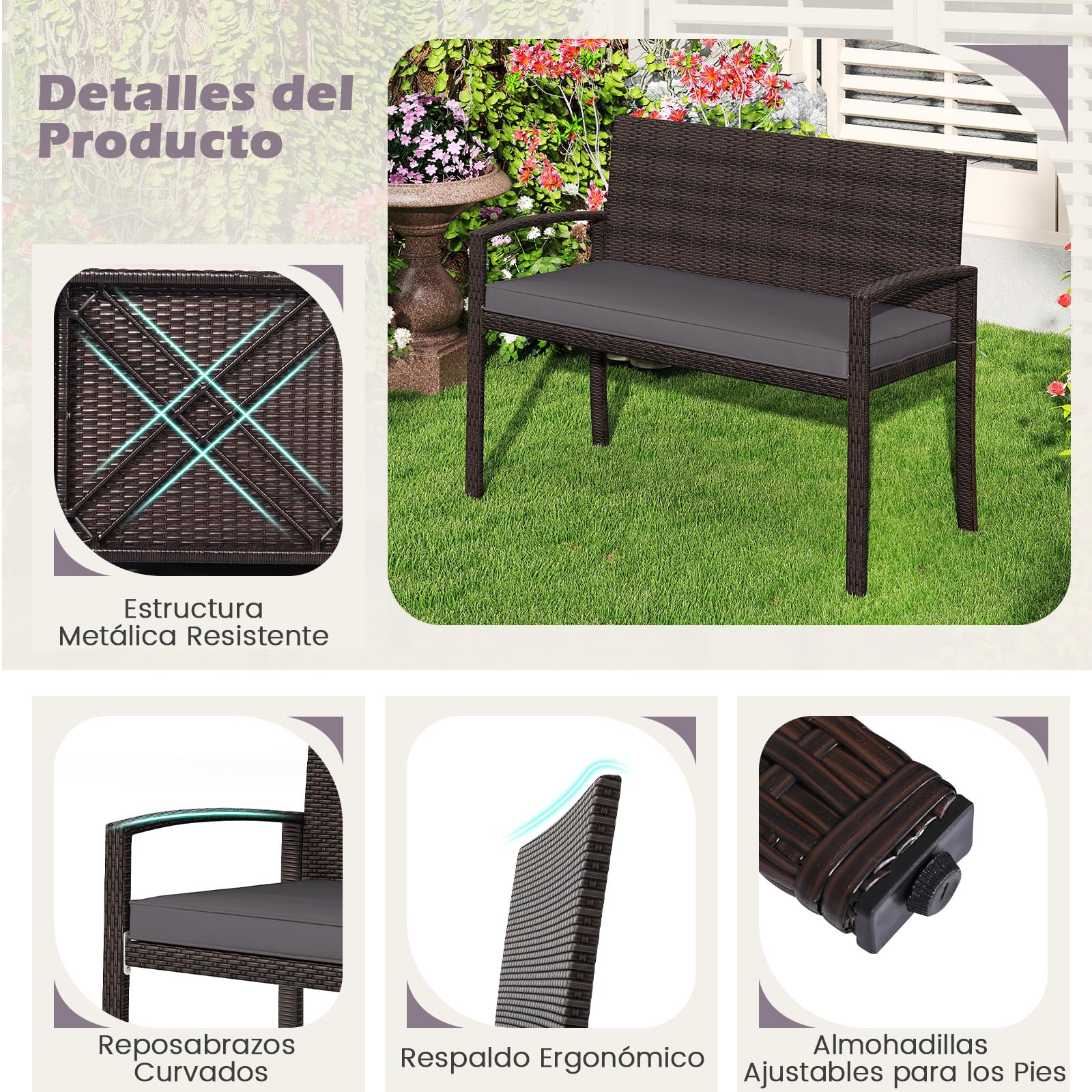 COSTWAY Banco Jardin Exterior de Ratan, 2 Plazas, Banco Exterior con Cojín Acolchado, Respaldo y Apoyabrazos, Estructura Metálica, Terraza Balcon Patio, 110 x 56 x 84 cm, Carga 360kg (Gris)