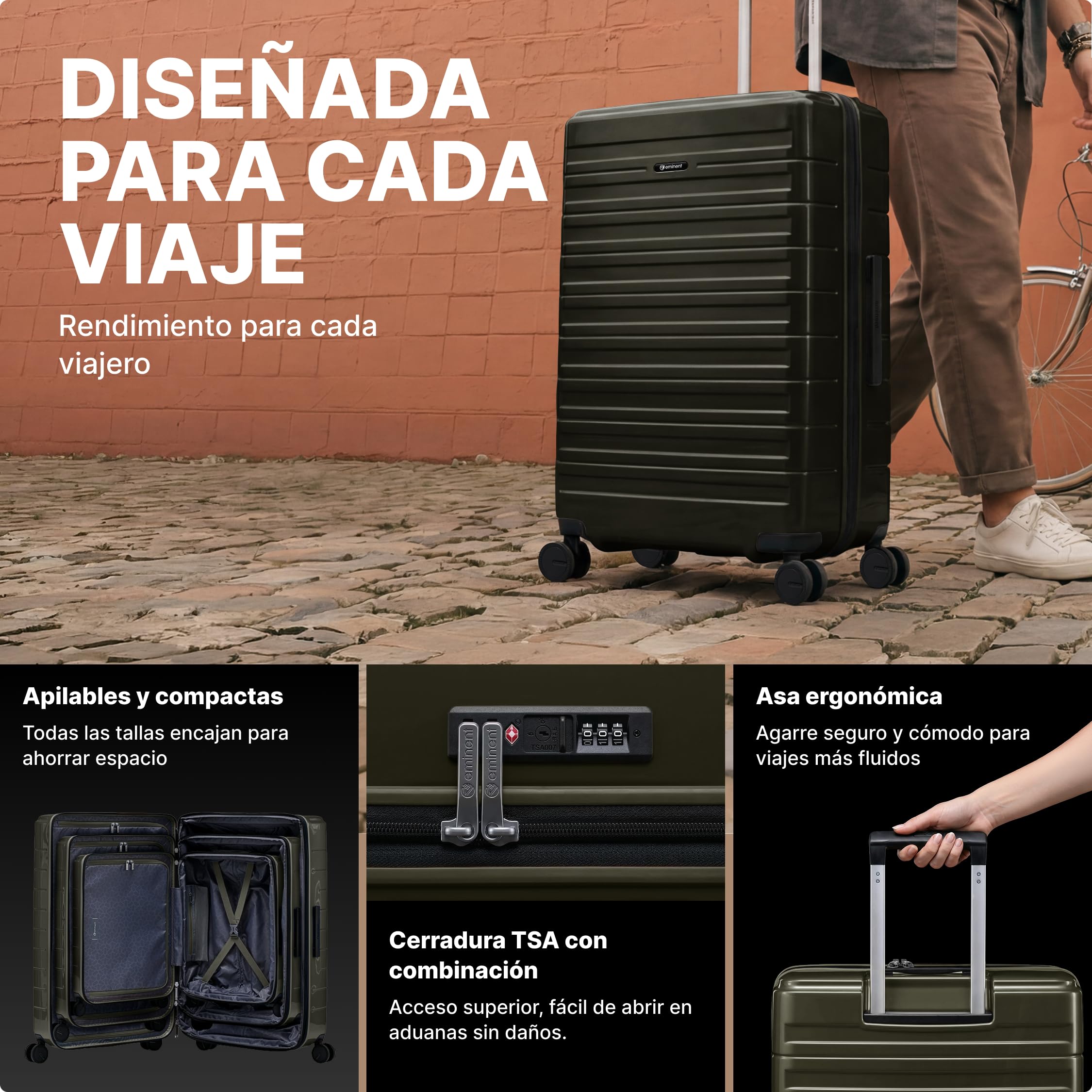 Eminent Voyager Maleta Grande 23 Kilos, Rígida para Facturar | Maleta grande para facturar, 4,4 kg, 112L, 158 cm, expandible 77x51x30 a 34, candado TSA, policarbonato, Verde Oscuro